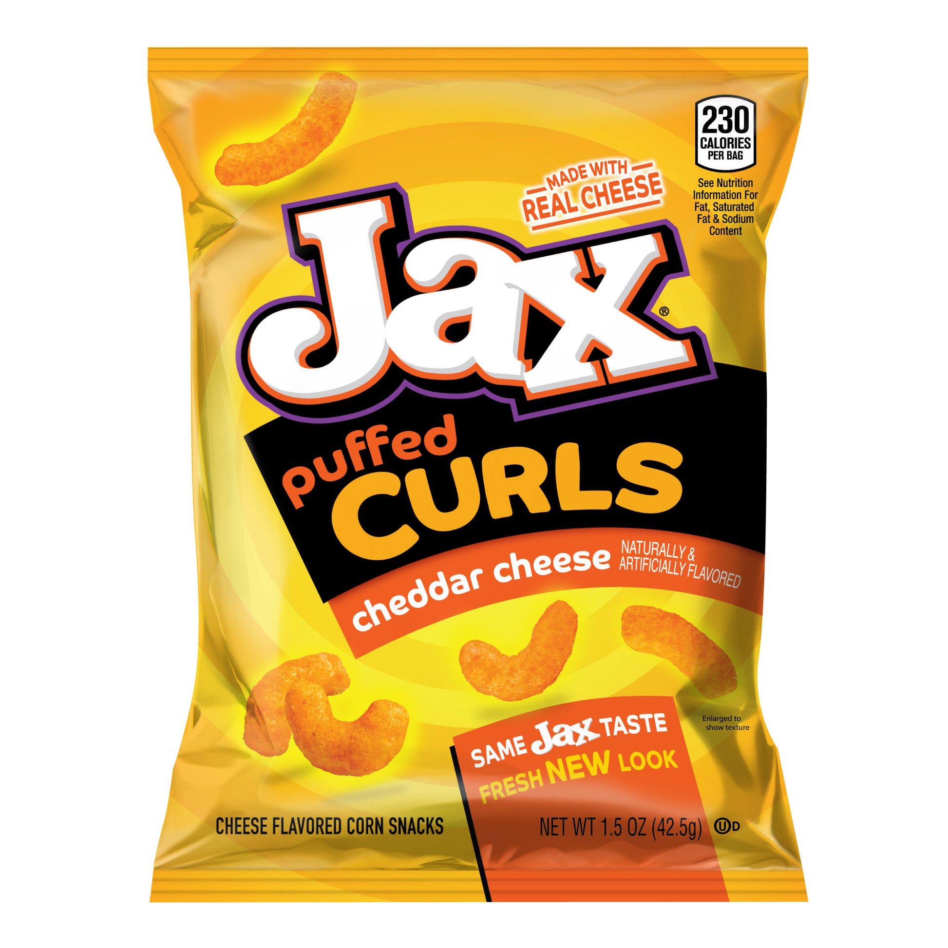 Packaging of Jax puffed curls cheddar cheese snacks on a white background