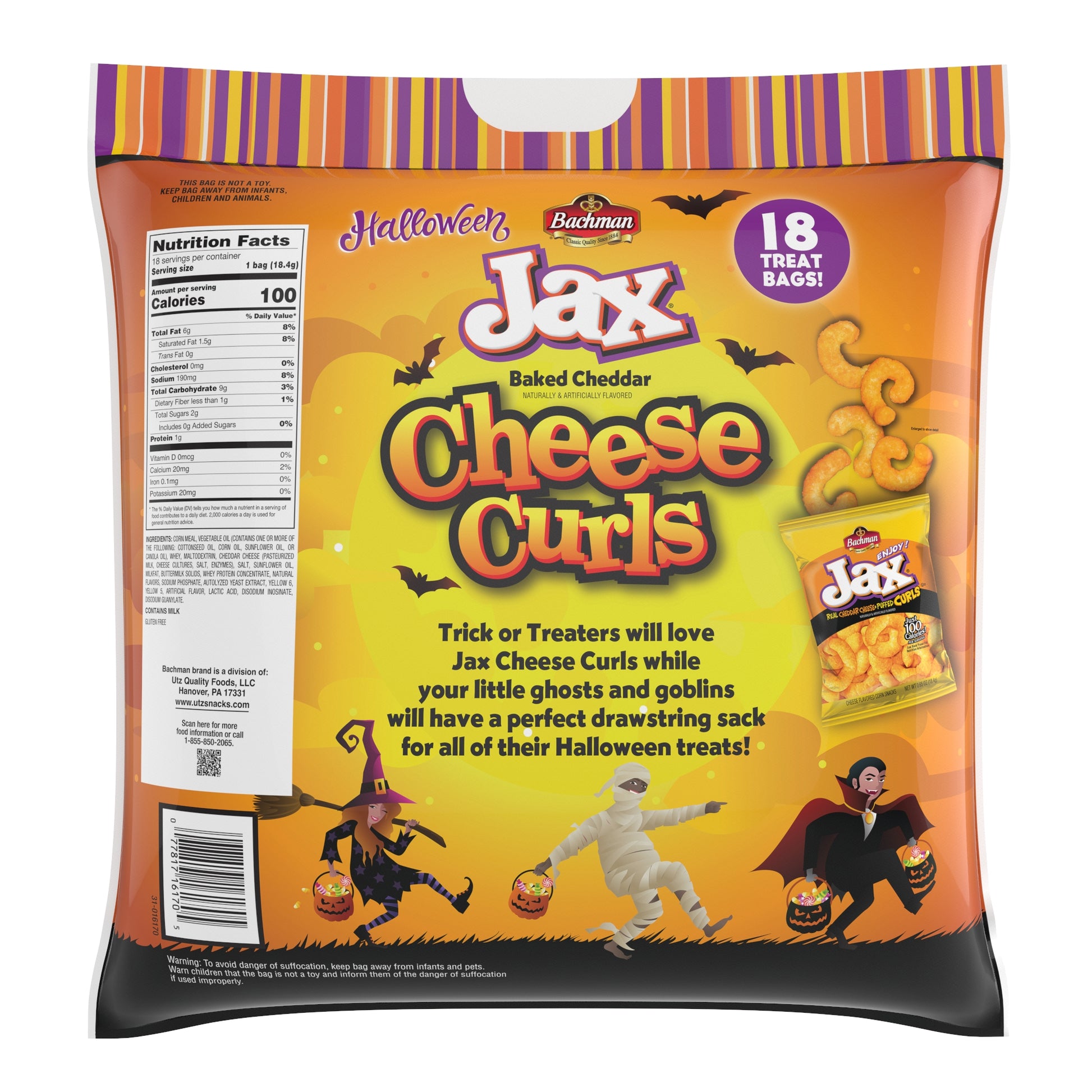 Halloween Jax Baked Cheddar Cheese Curls packaging with colorful design and text.