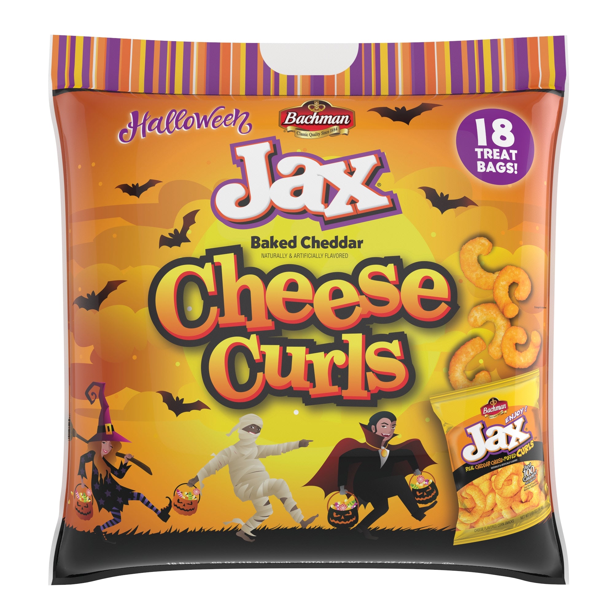Halloween-themed package of Jax Baked Cheddar Cheese Curls with colorful design and text.