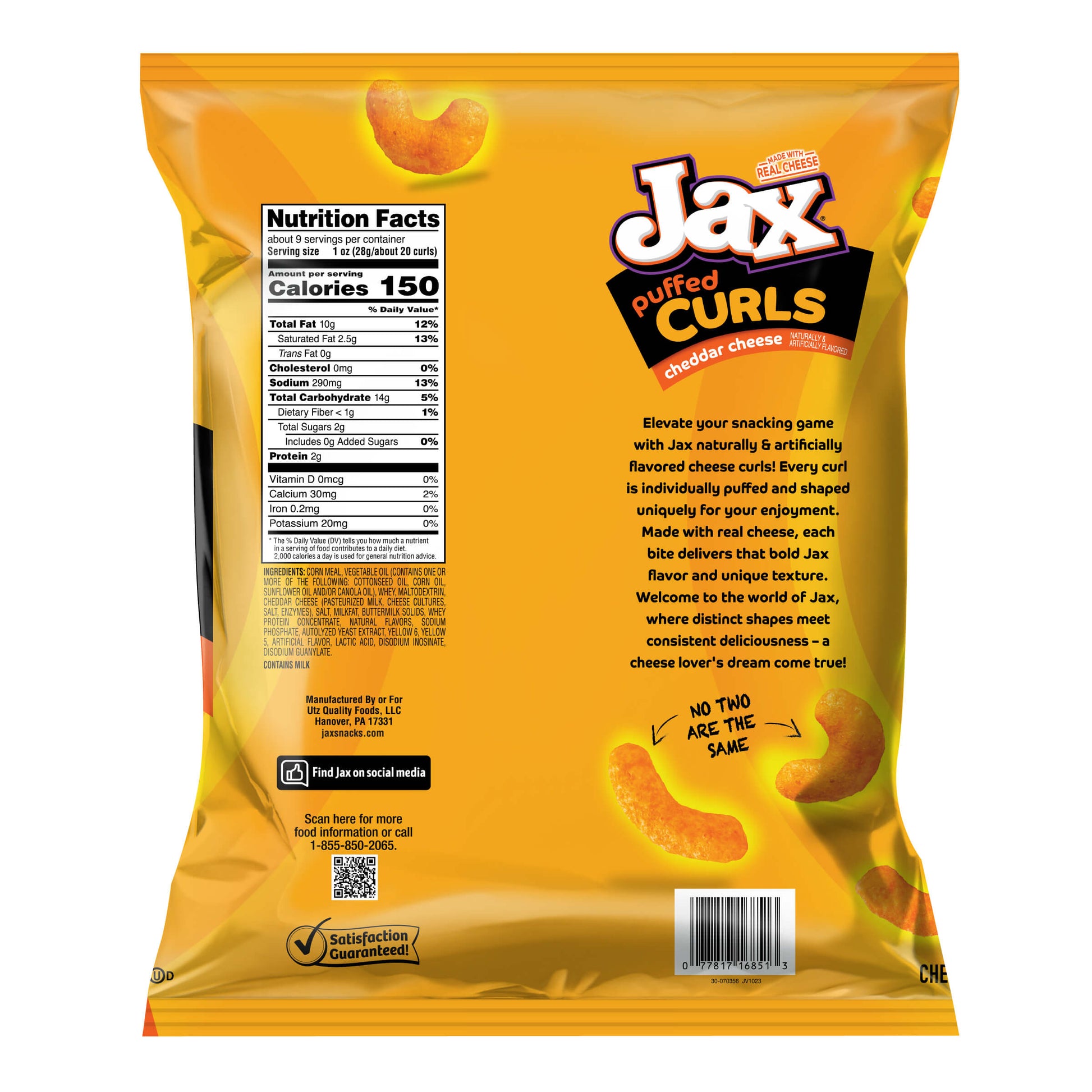 Back view of a Jax Puffed Curls cheddar cheese snack package with nutritional information.