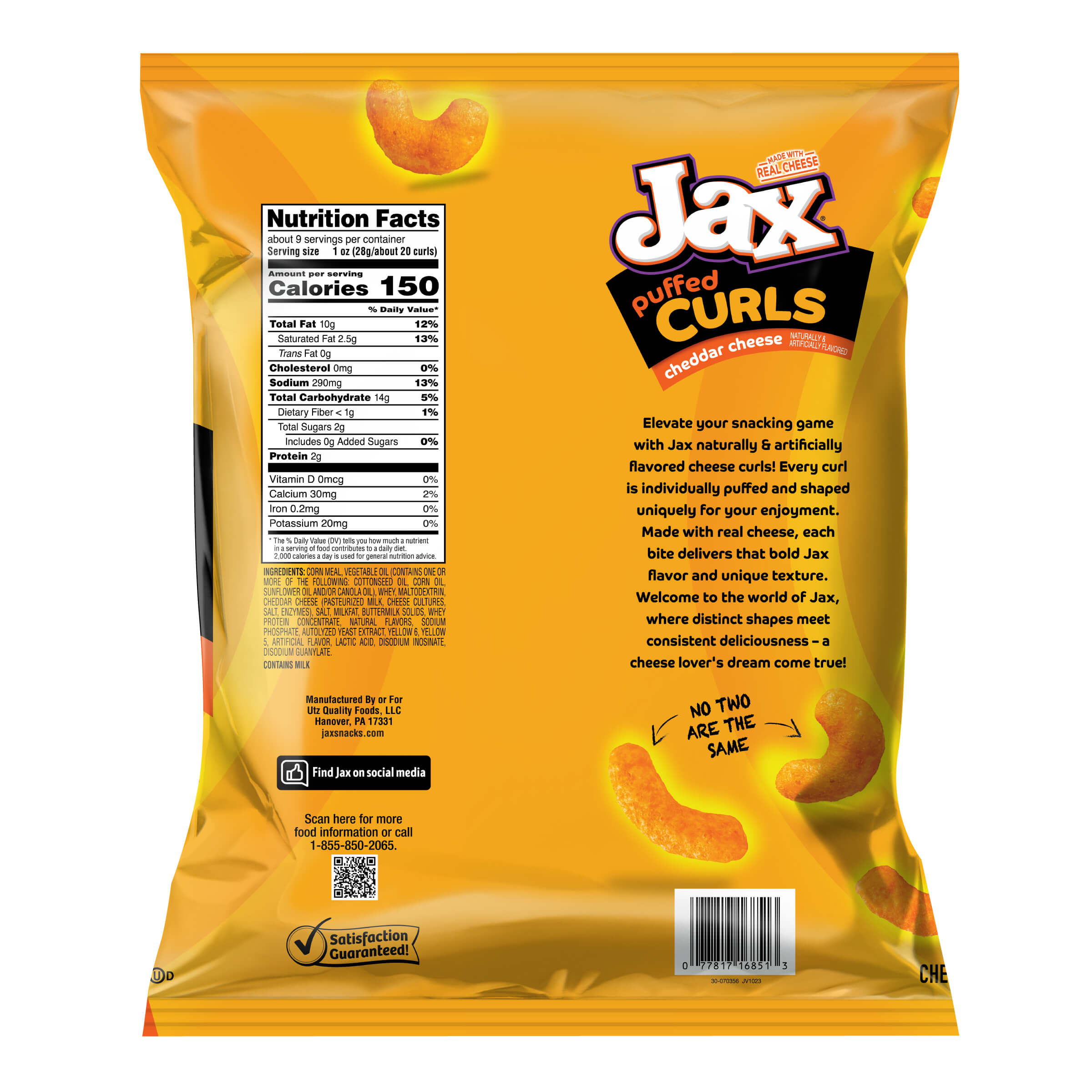 Back view of a Jax Puffed Curls cheddar cheese snack package with nutritional information.