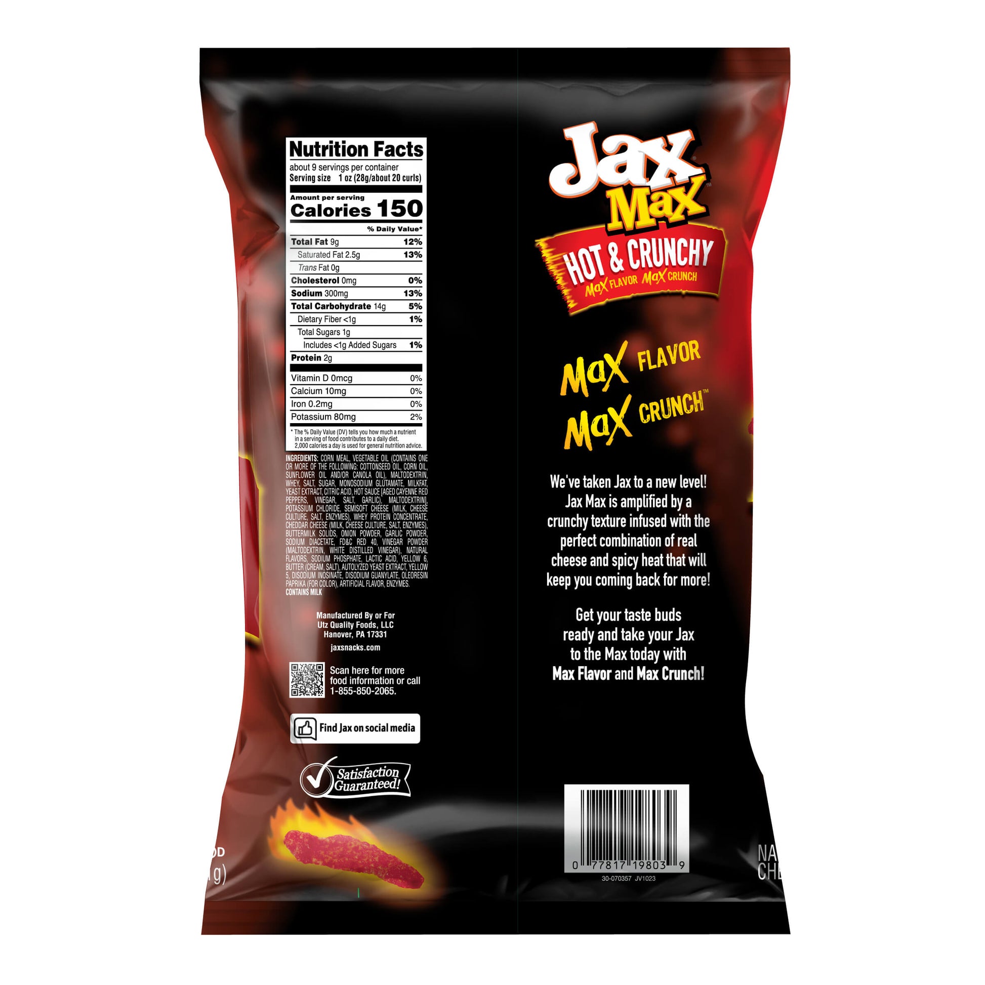 Back of Jax Max Hot & Crunchy bag showing nutrition facts and product description