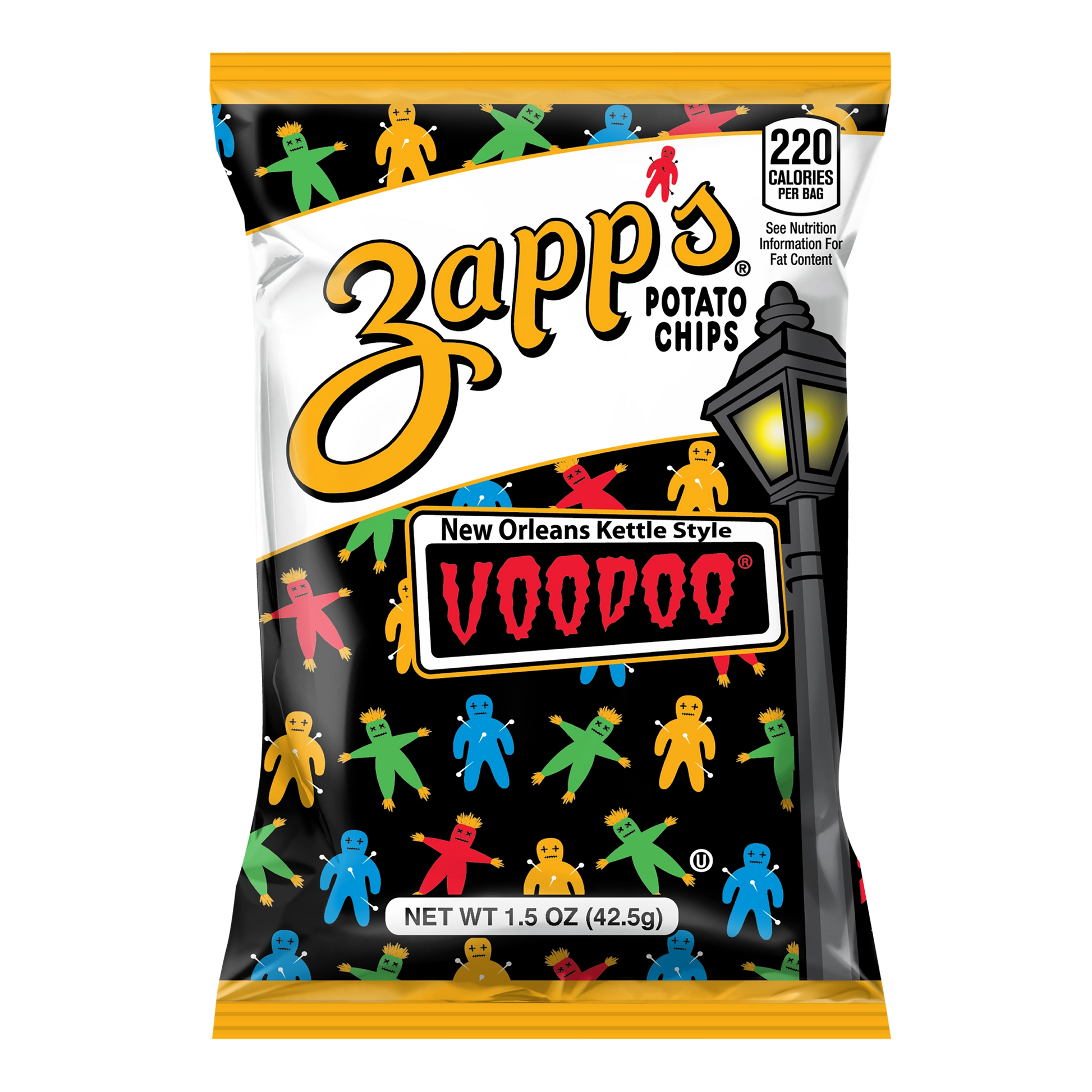 Zapp's Potato Chips Voodoo flavor packaging with colorful figures and black background