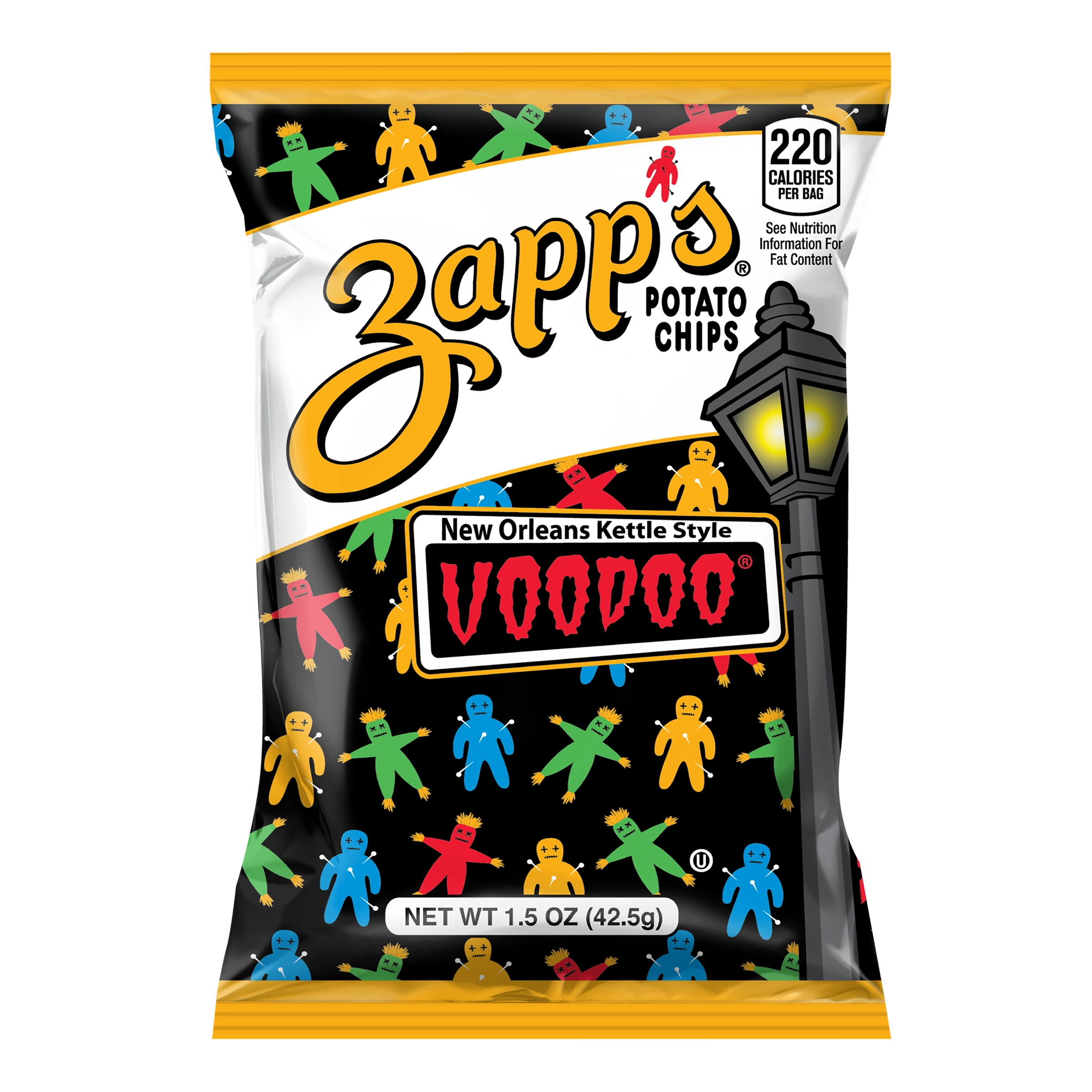 Zapp's Potato Chips Voodoo flavor packaging with colorful figures and black background