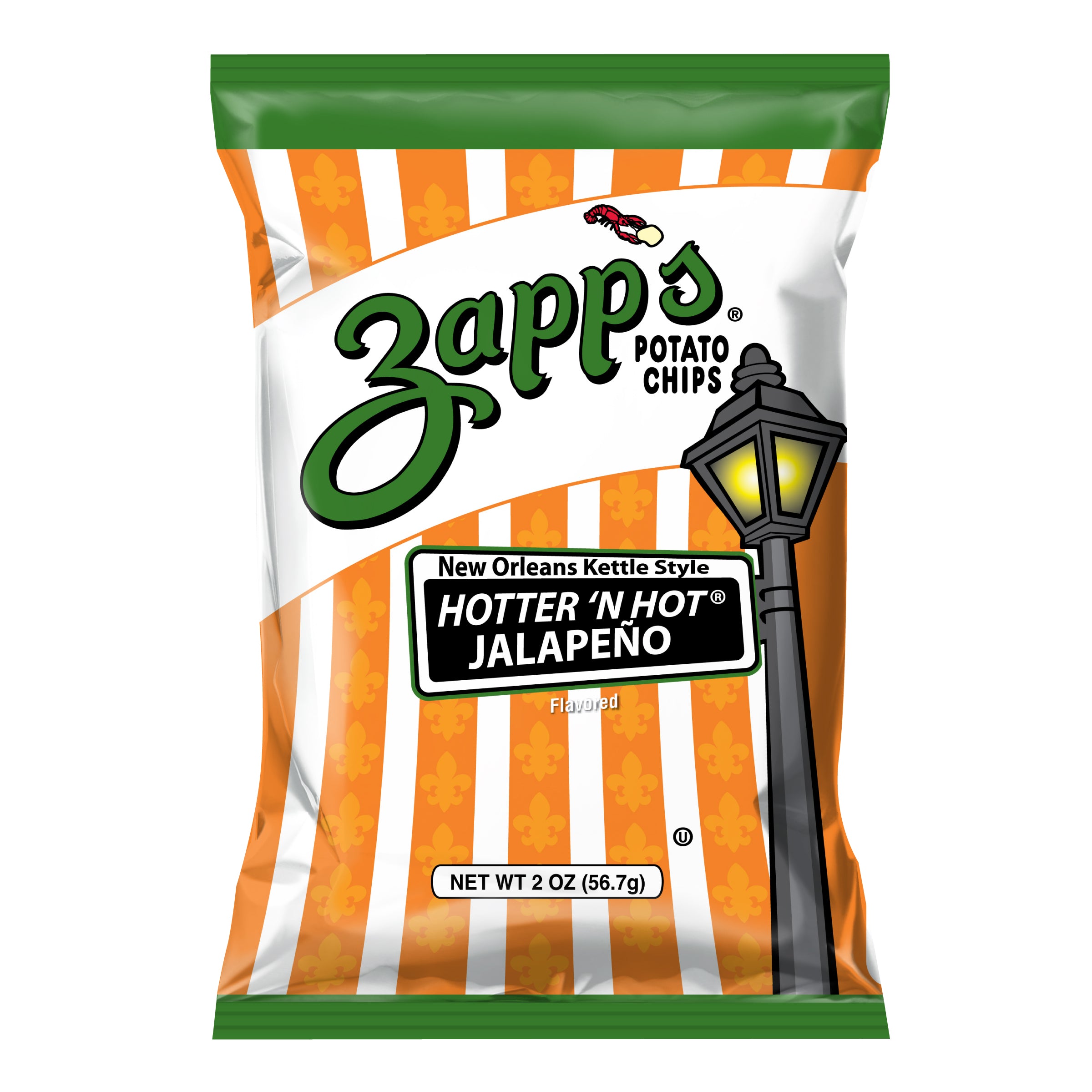 Zapp's potato chips bag with striped design and jalapeno flavor text.