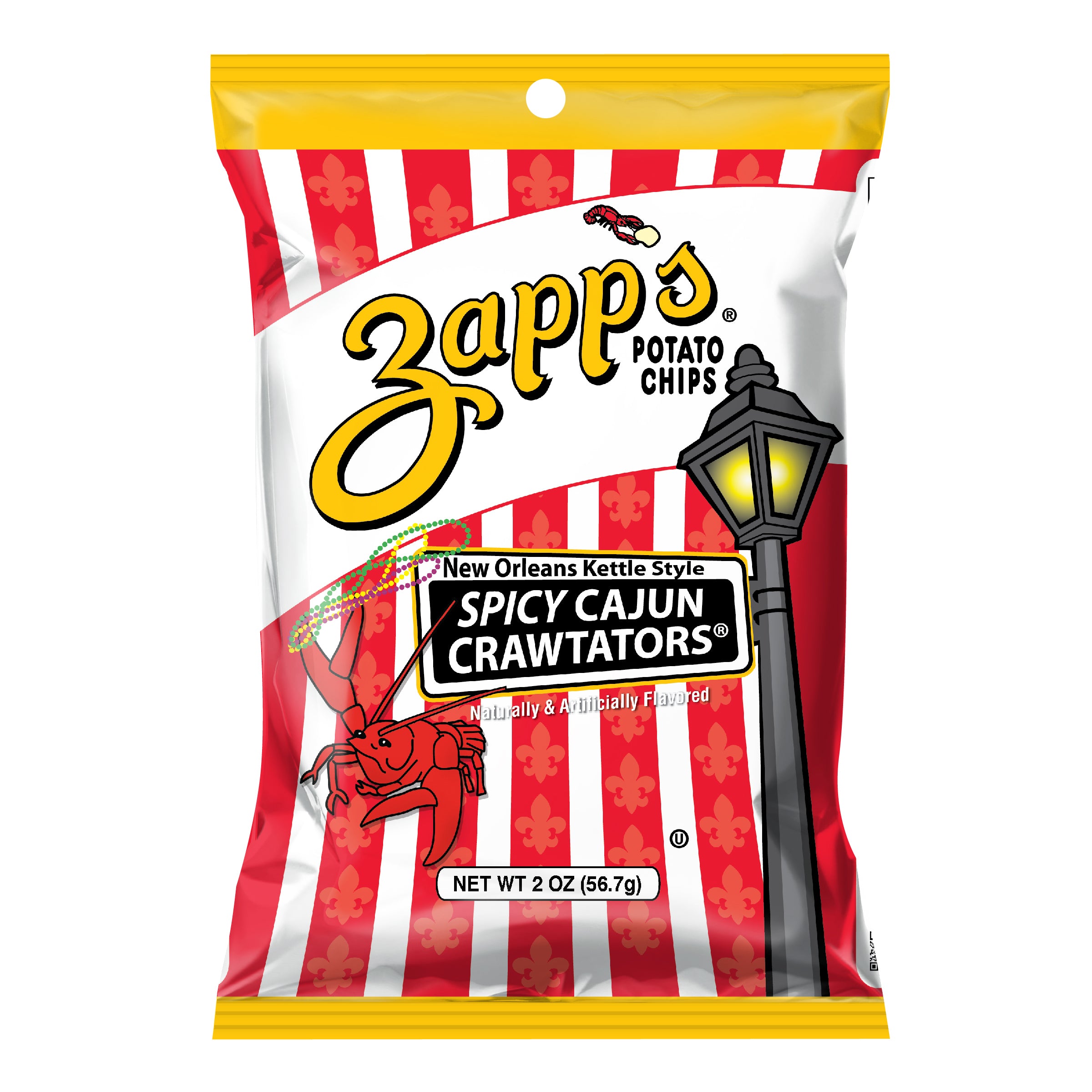Zapp's Potato Chips Spicy Cajun Crawtators packaging with red and white striped design