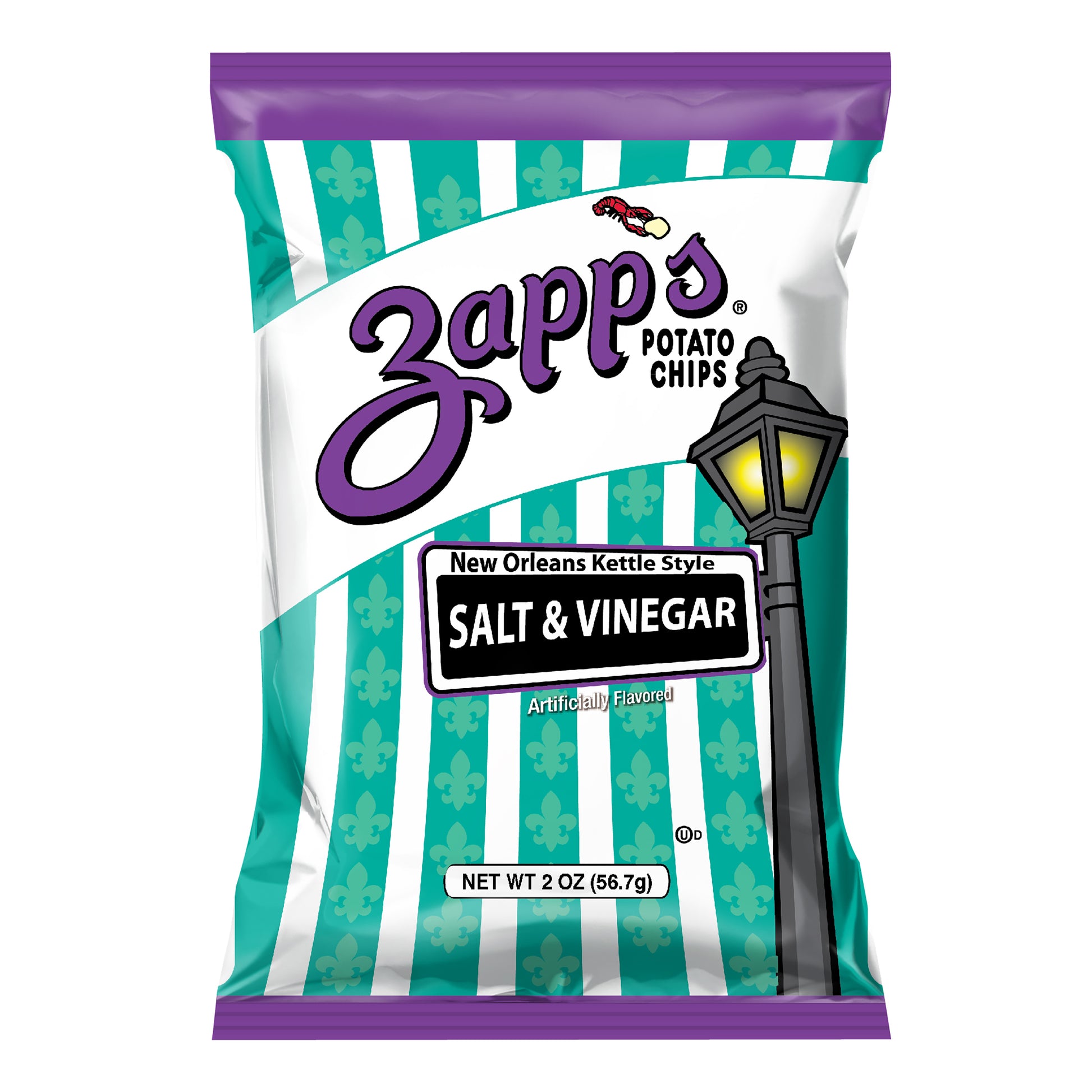 Zapp's Potato Chips salt and vinegar flavor packaging with a striped design and lamp post graphic.