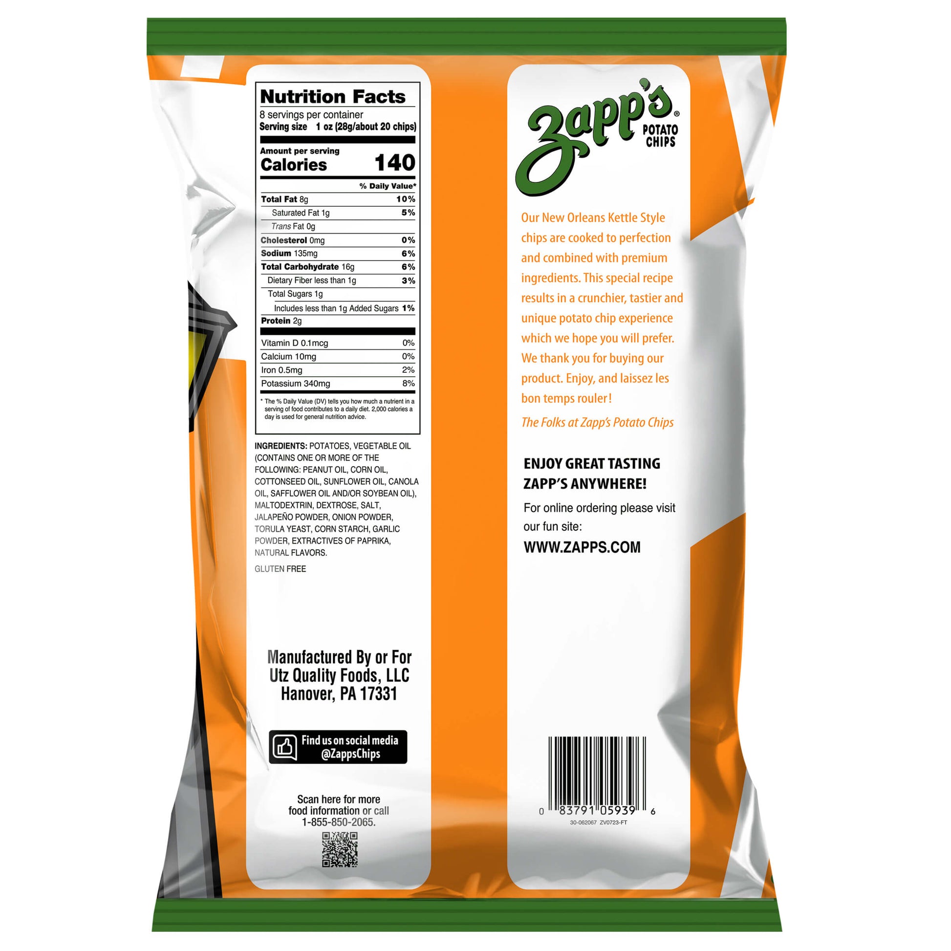 Zapp's potato chips packaging with nutrition facts and ingredients list on a white background