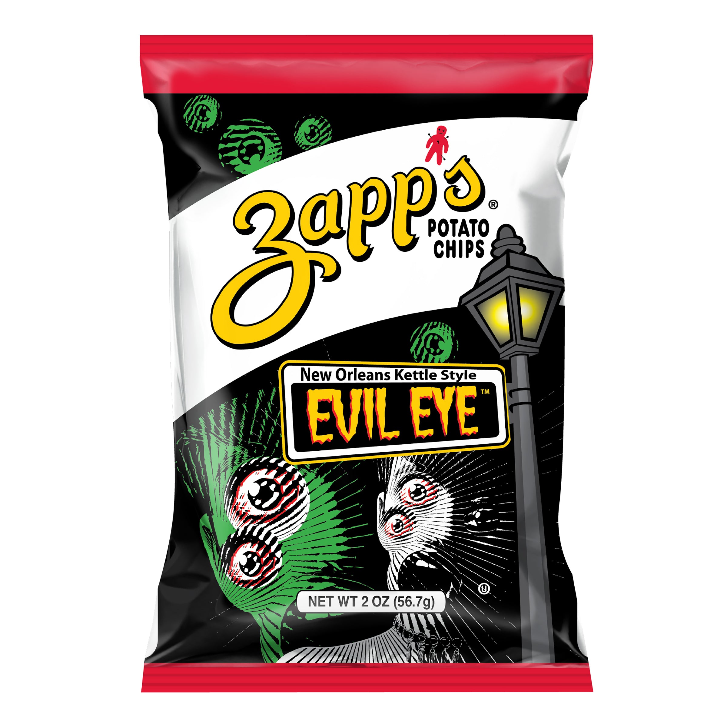 Zapp's Potato Chips Evil Eye packaging with a black background and eye design.