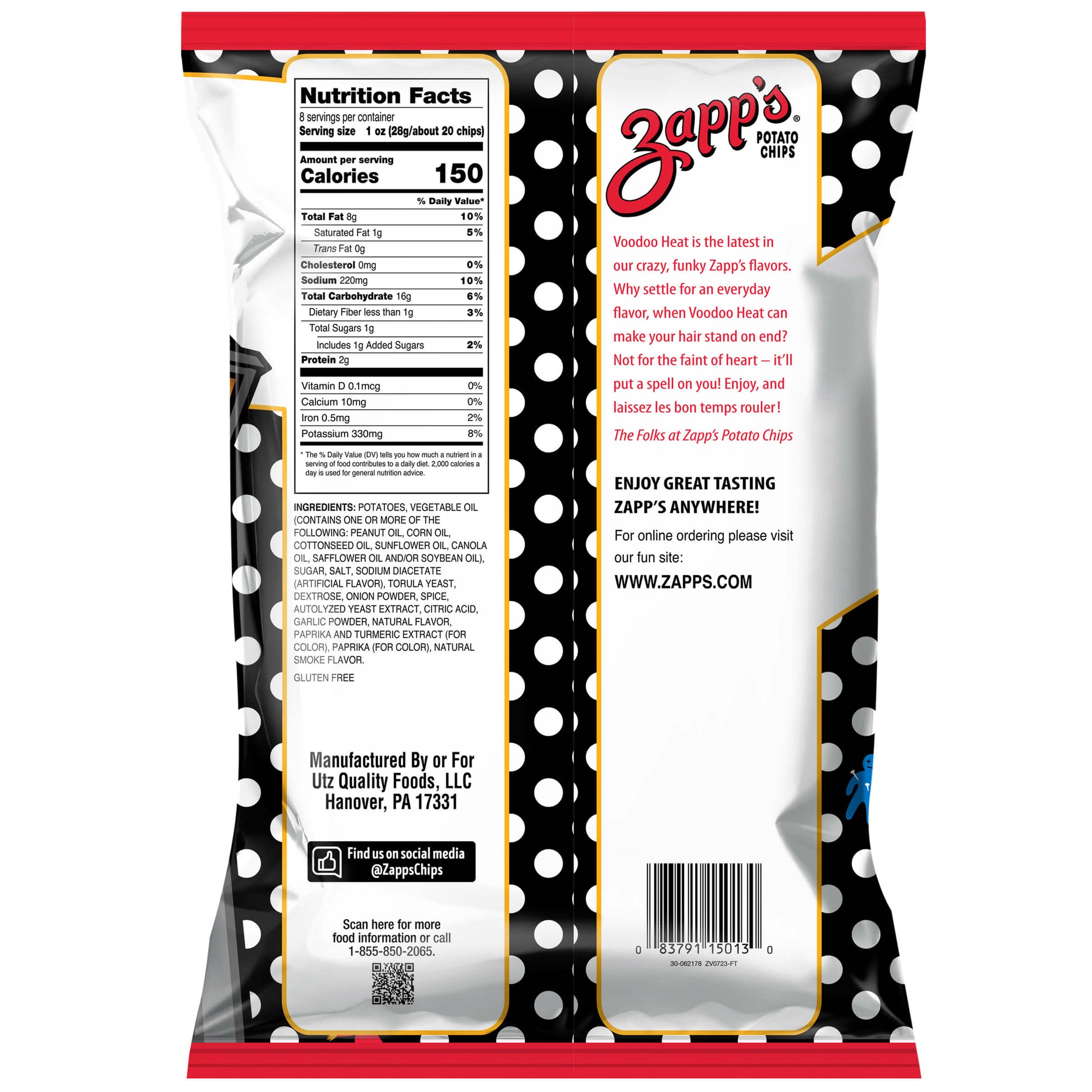 Back view of a Zapp's potato chips packaging with nutritional information and branding details.