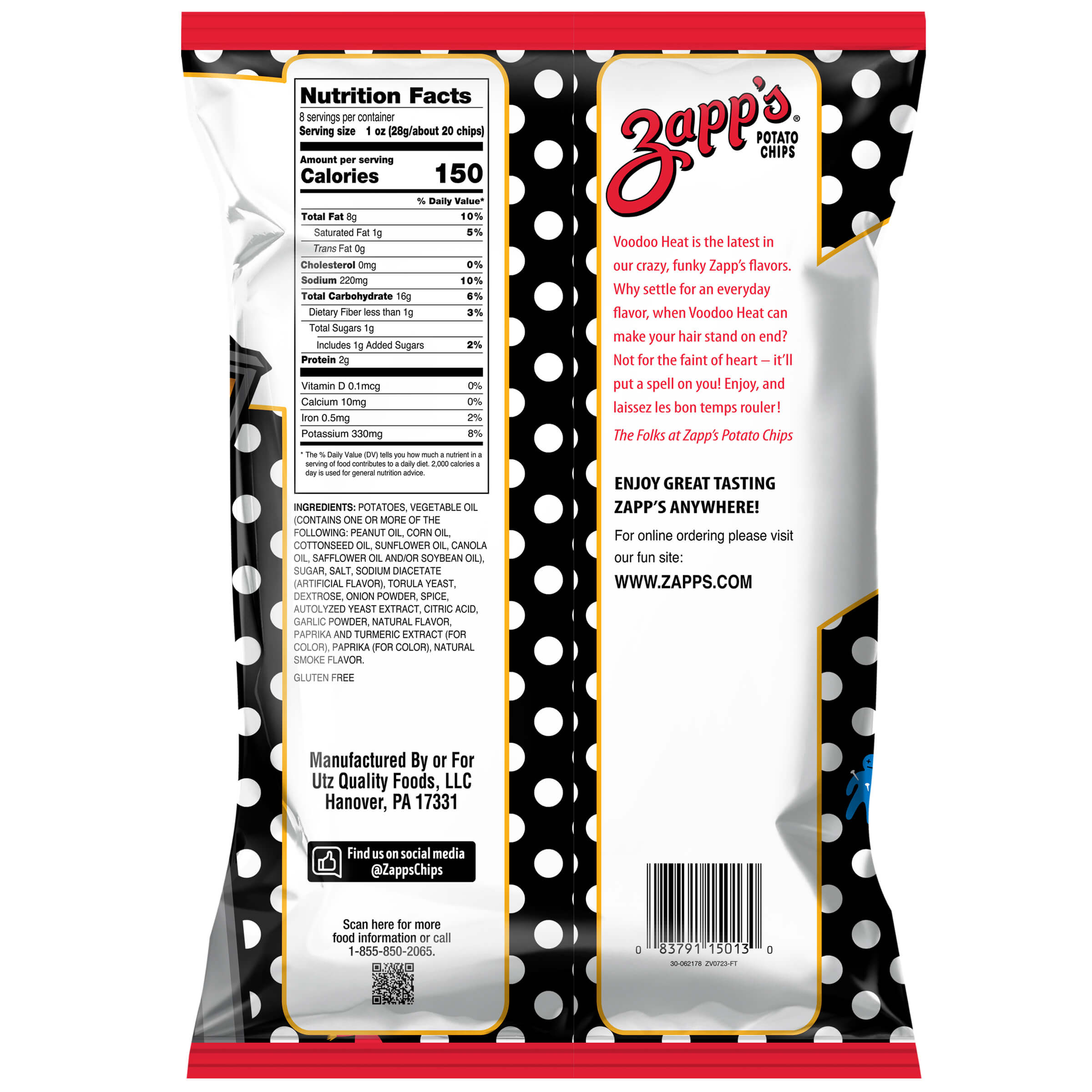 Back view of a Zapp's potato chips packaging with nutritional information and branding details.