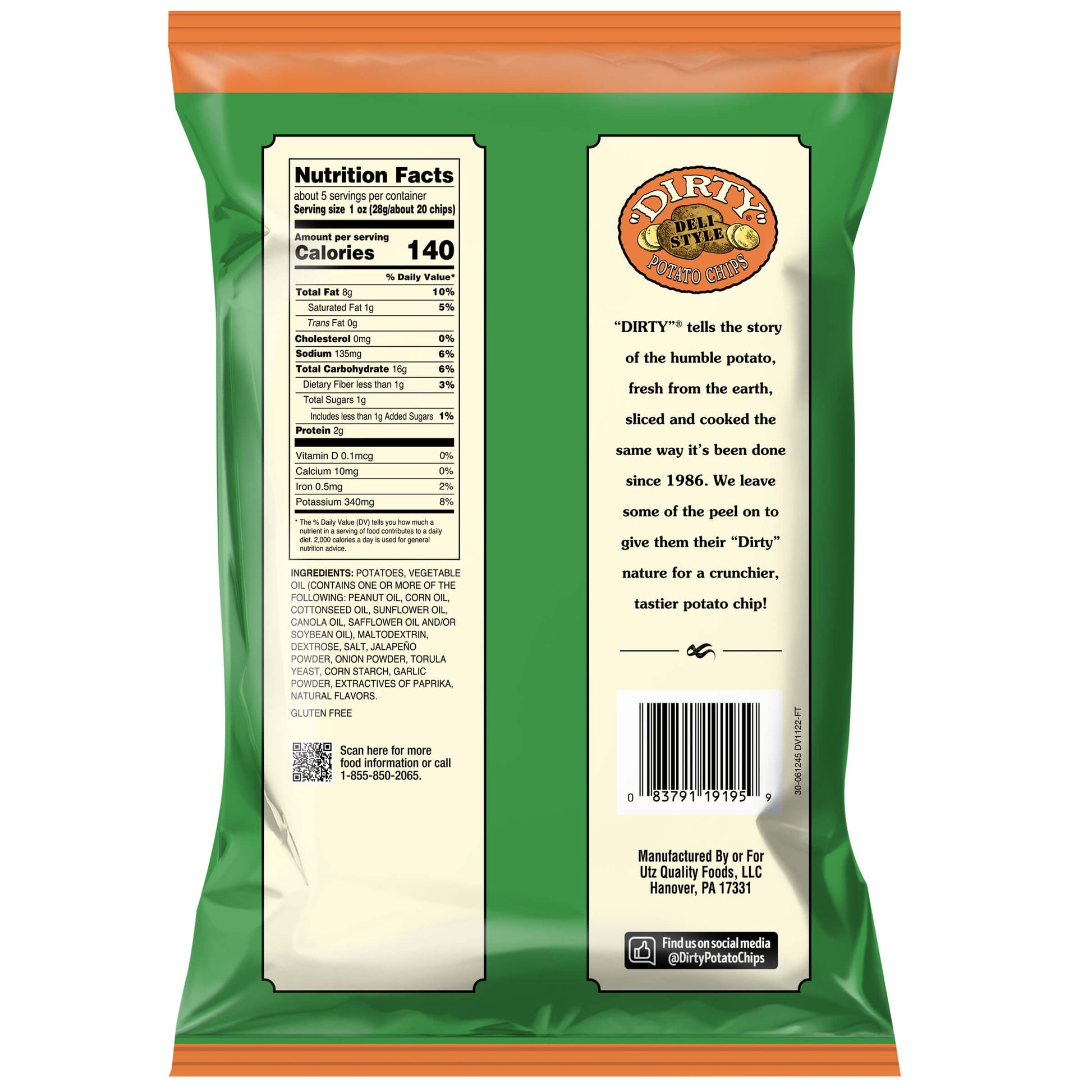 Back of a green potato chip bag with nutrition facts and brand information.