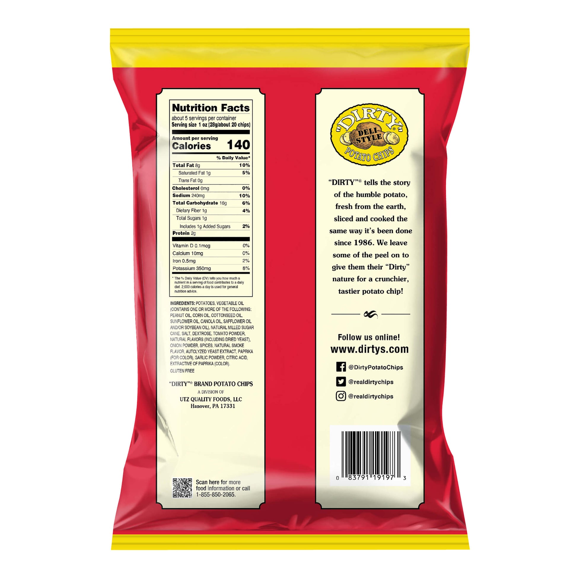 Back view of a Dirty Potato Chips packaging with nutrition facts and brand information.