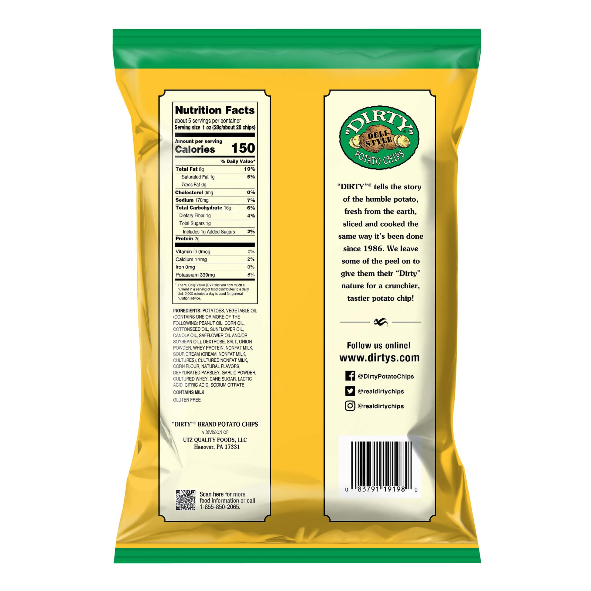 Back view of a Dirty Brand potato chips packaging with nutritional information and brand details.