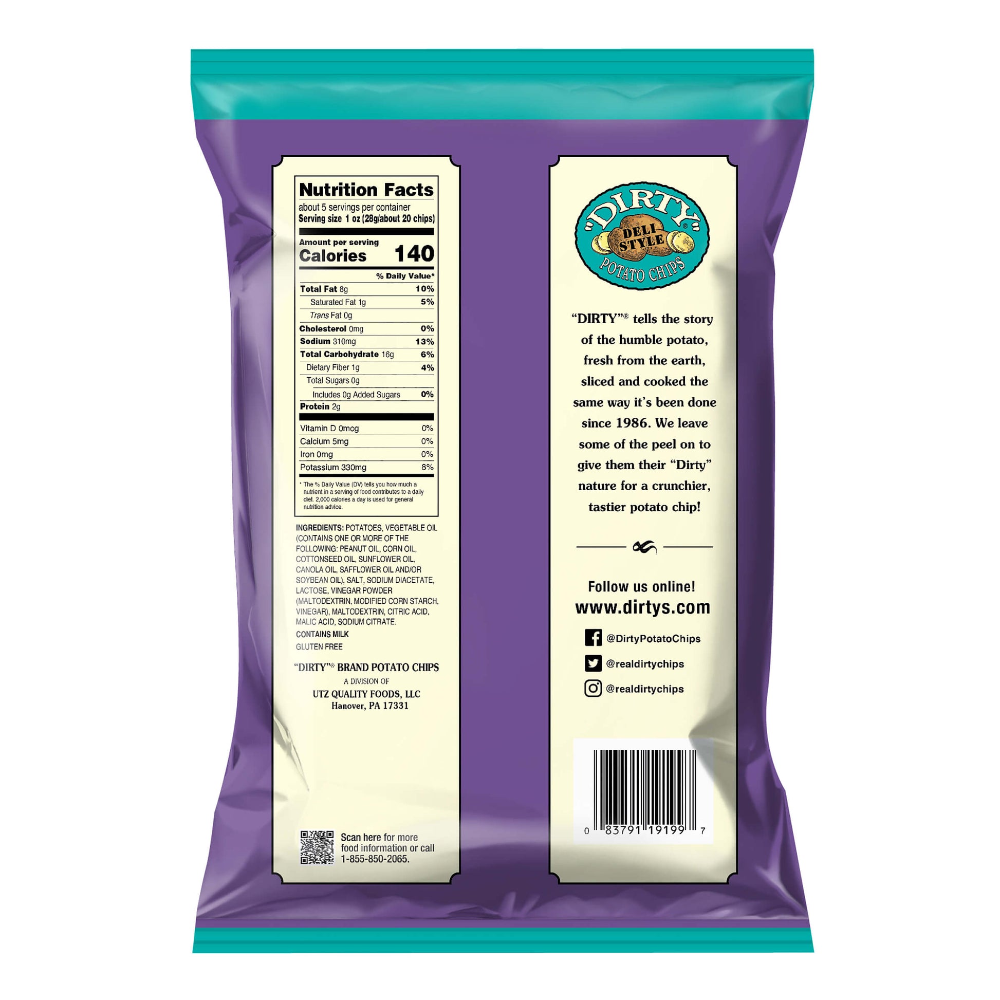 Back view of a Dirty Rotten Potatoes snack bag with branding and nutritional information.