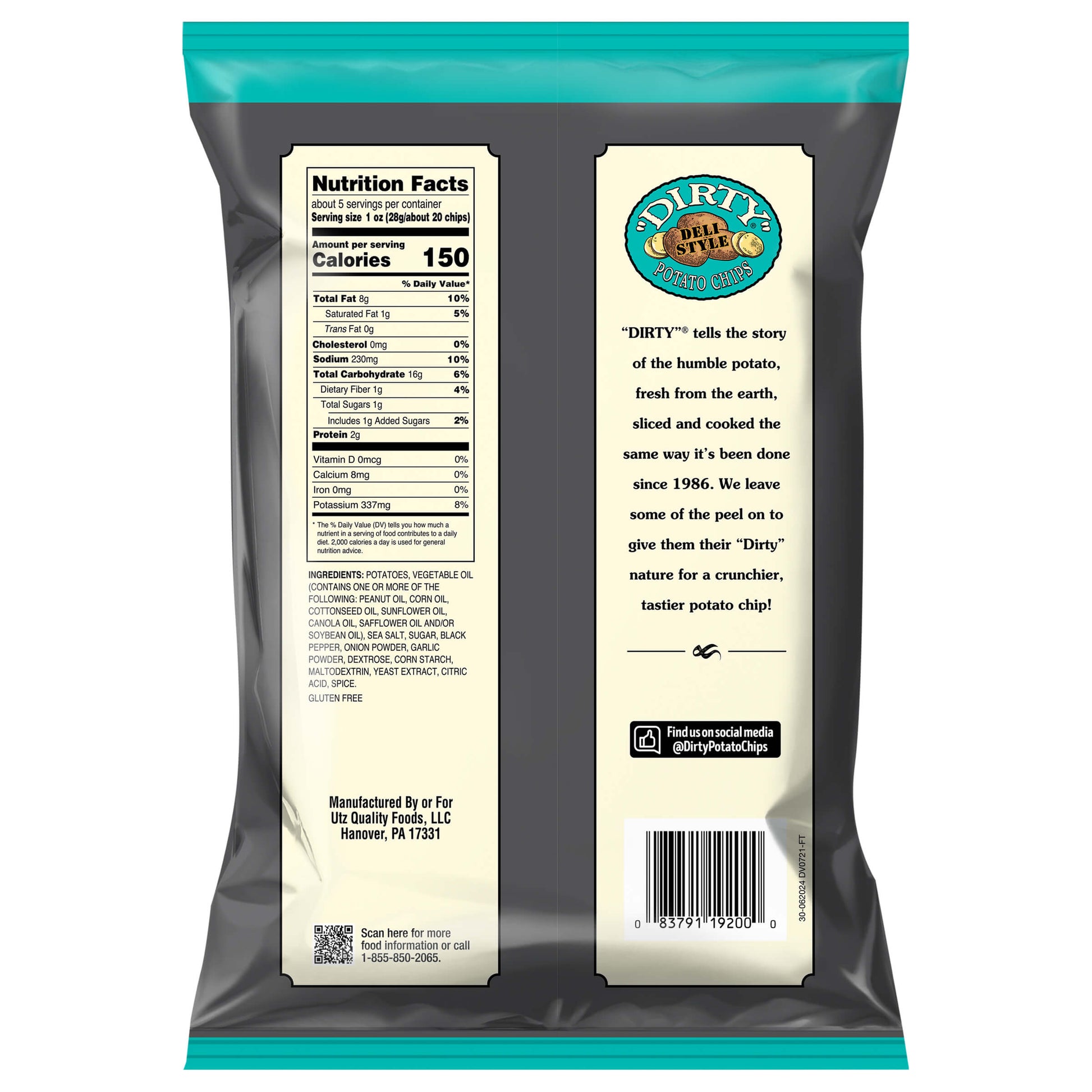 Back of a chip bag with nutrition facts and product description, featuring the brand 'Dirty Dill & Spice'.