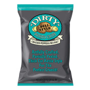 Bag of 'Dirty' potato chips with cracked pepper and sea salt flavor on a white background