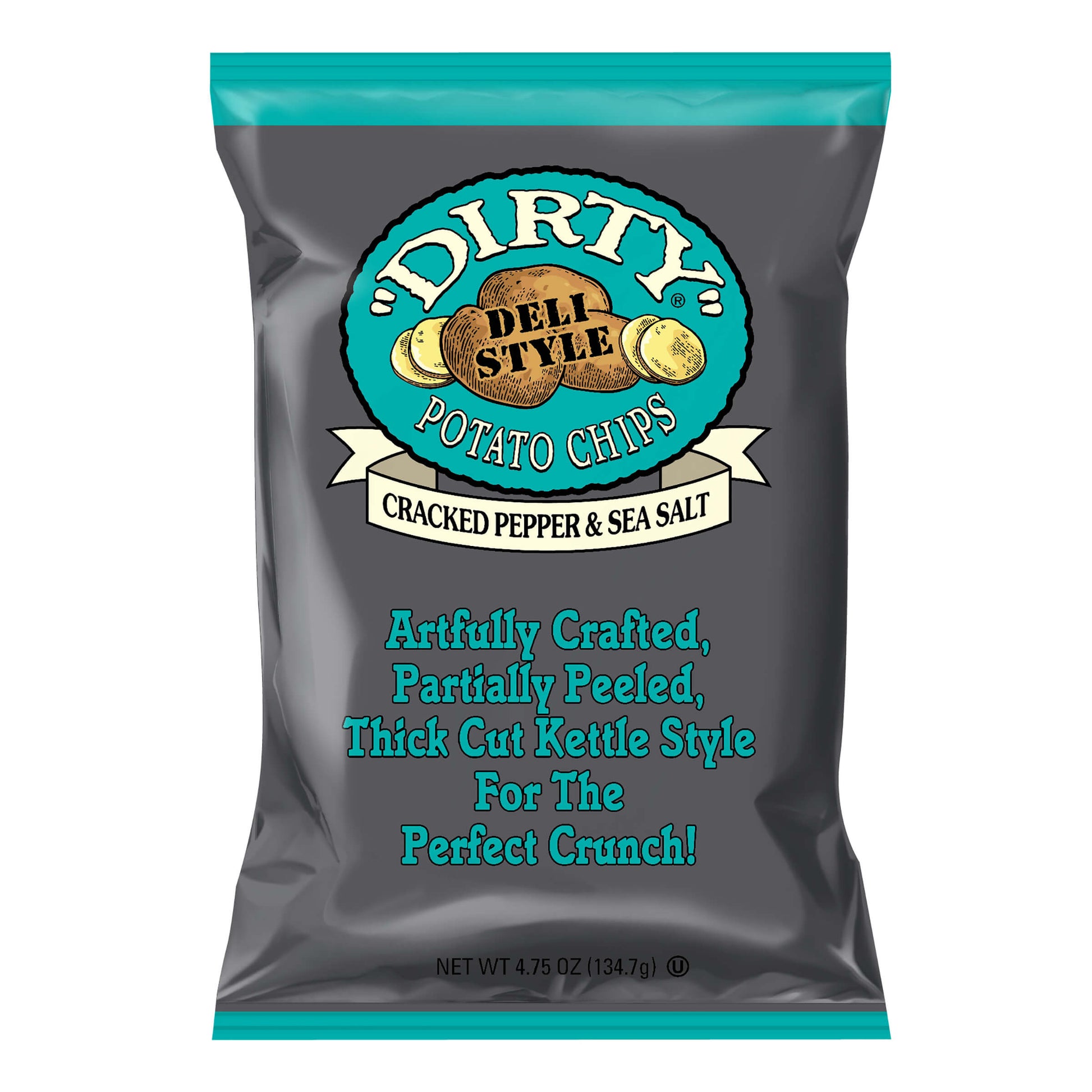 Bag of 'Dirty' potato chips with cracked pepper and sea salt flavor on a white background