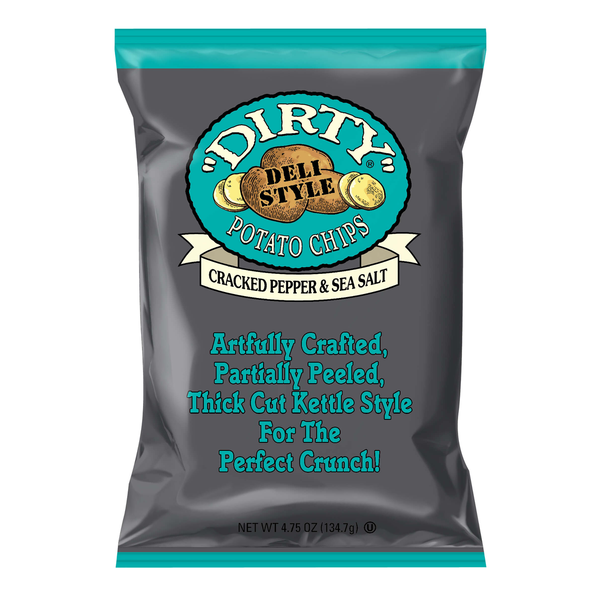 Bag of 'Dirty' potato chips with cracked pepper and sea salt flavor on a white background