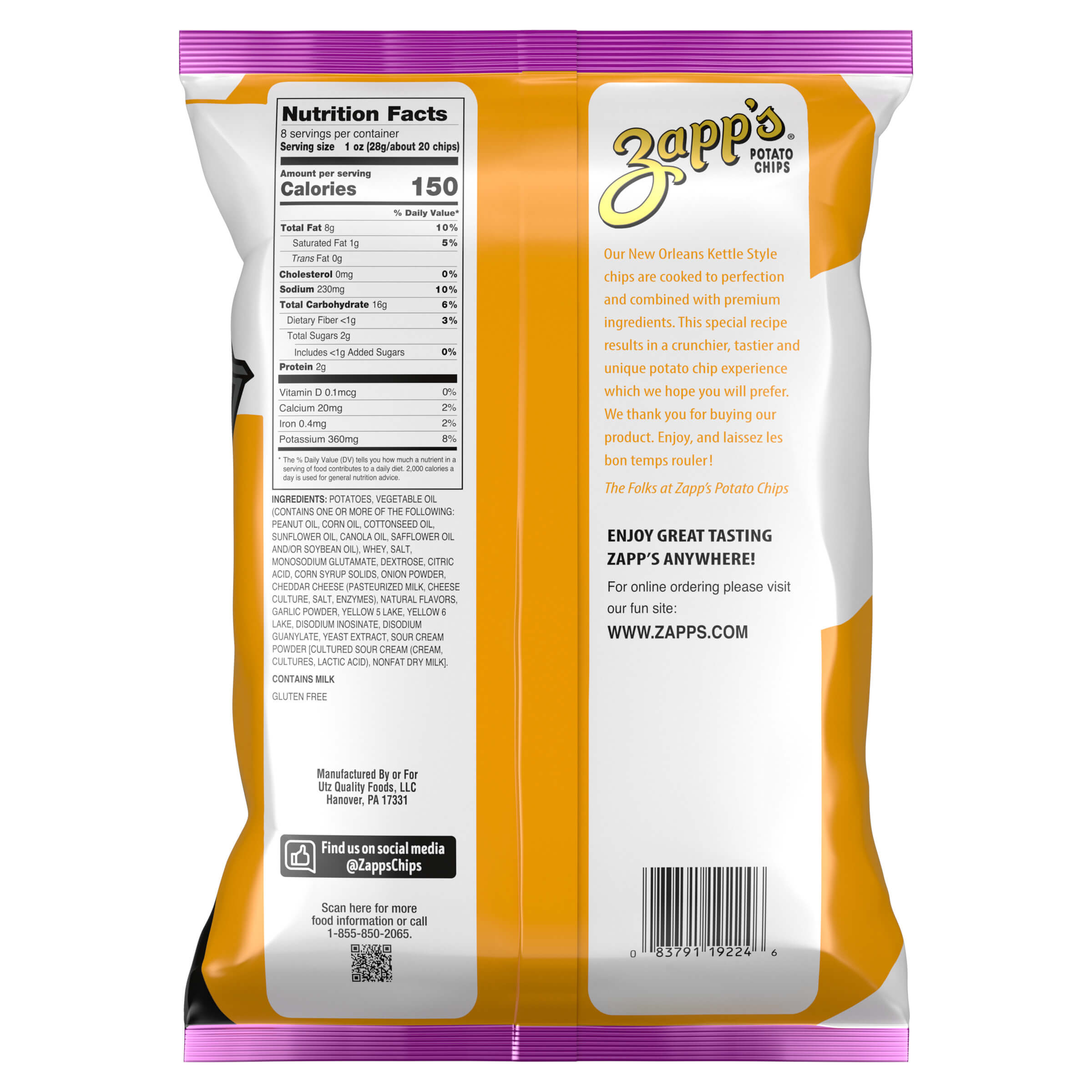 Back view of a Zapp's potato chip package with nutritional information and branding.