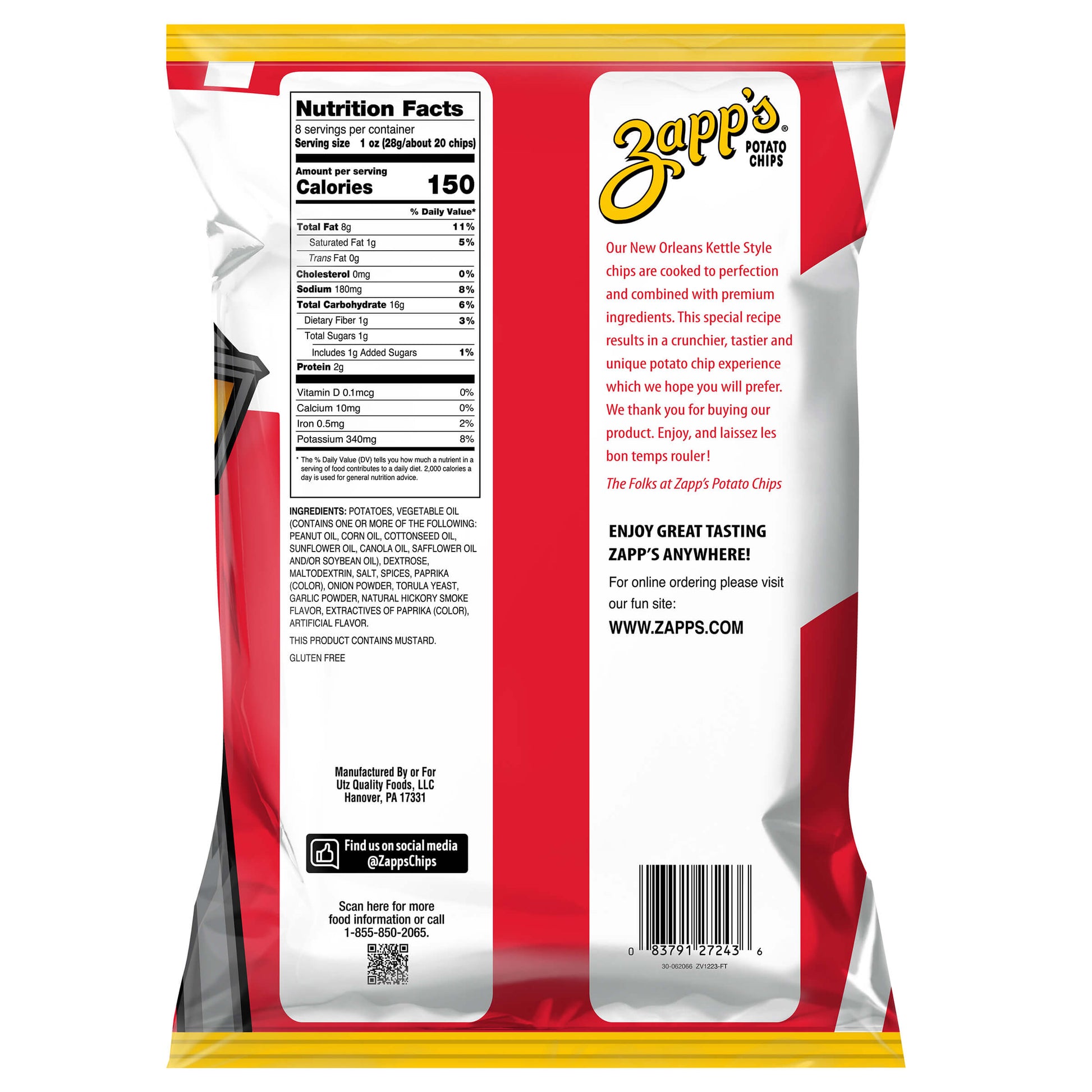 Zapp's potato chips packaging with nutrition facts and branding on a white background