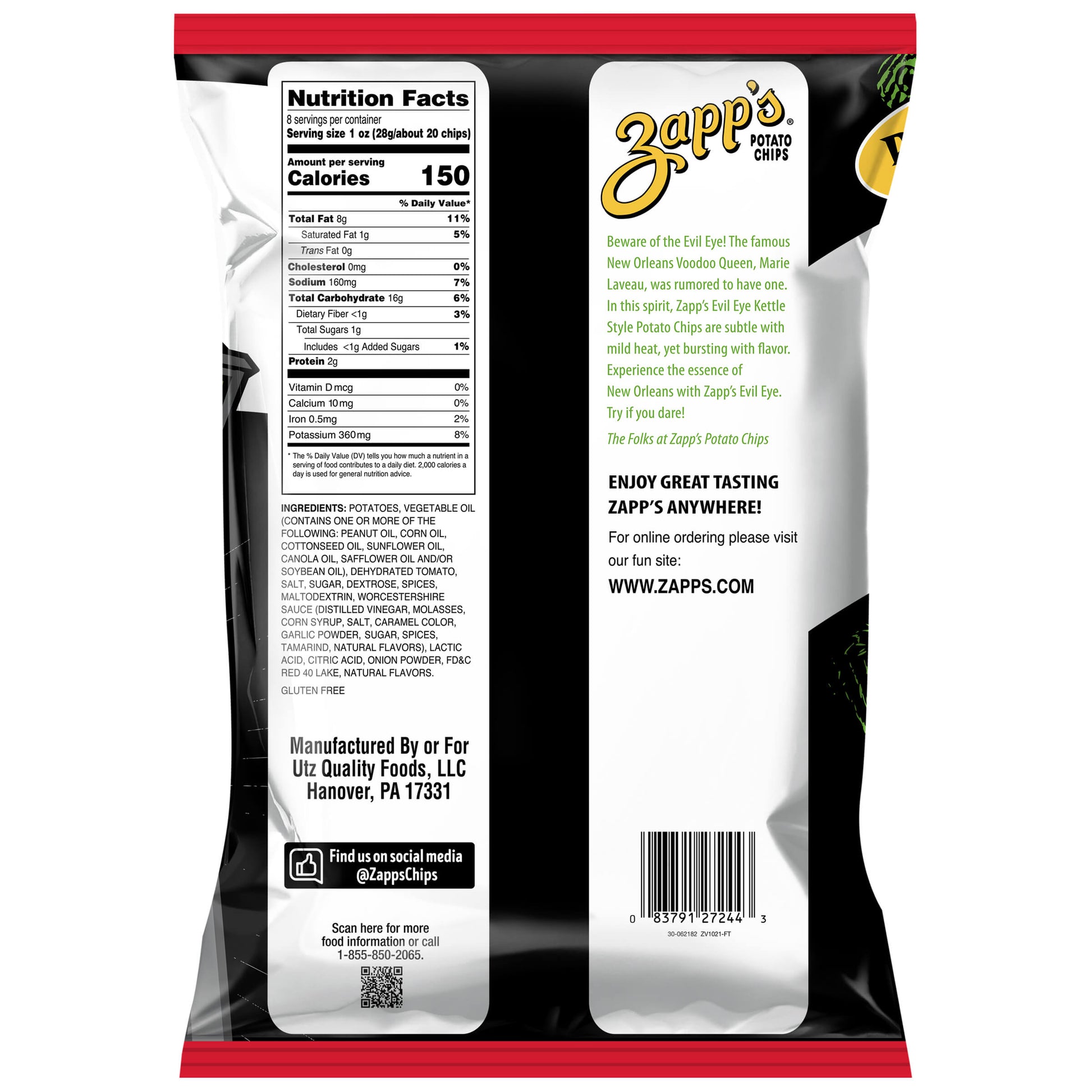 Back view of a Zapp's potato chips packaging with nutritional information and branding details.