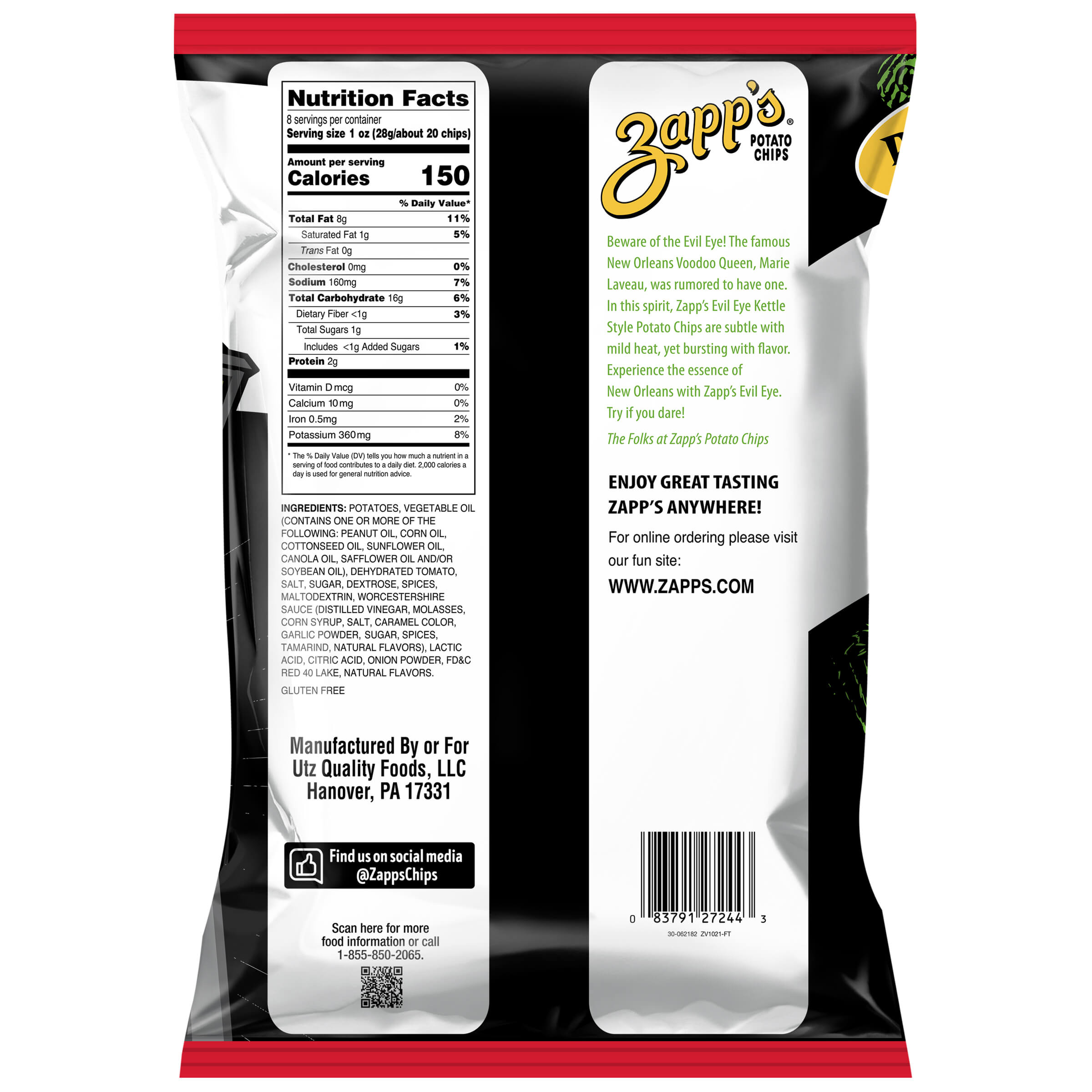 Back view of a Zapp's potato chips packaging with nutritional information and branding details.