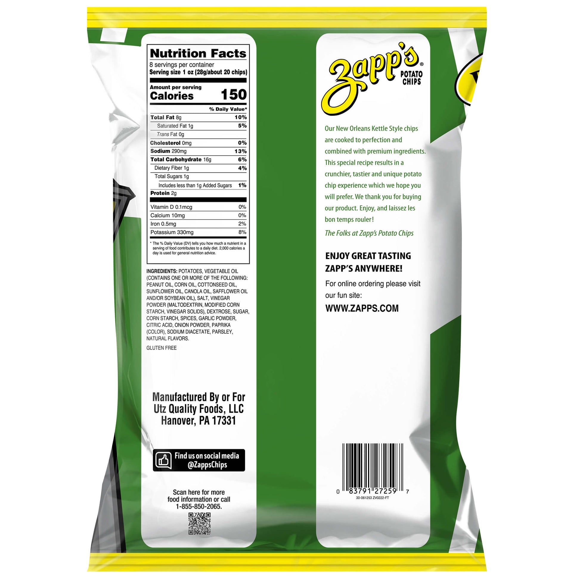 Back view of a Zapp's potato chips package with nutrition facts and branding.