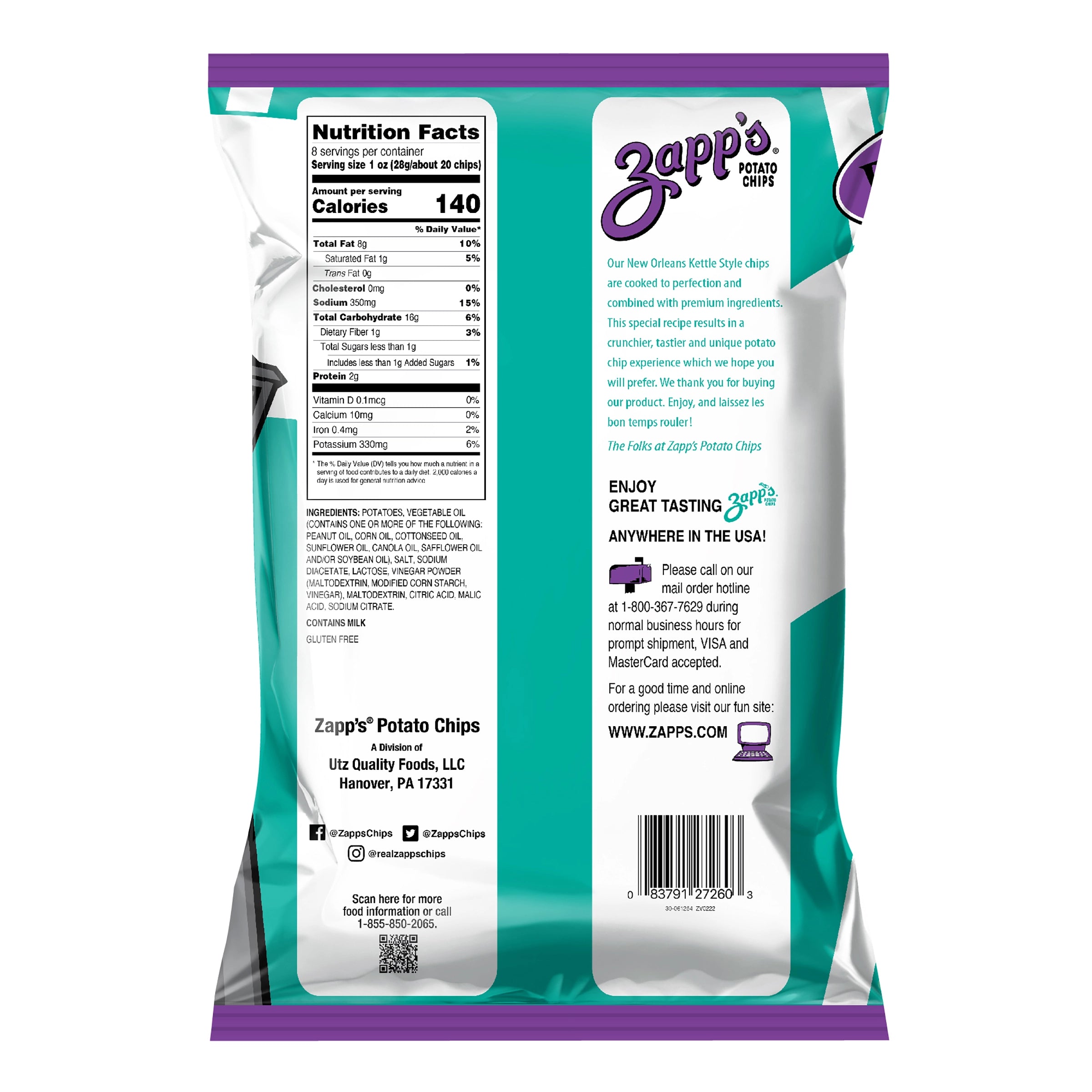 Back view of a Zapp's potato chips packaging with nutritional information and branding.