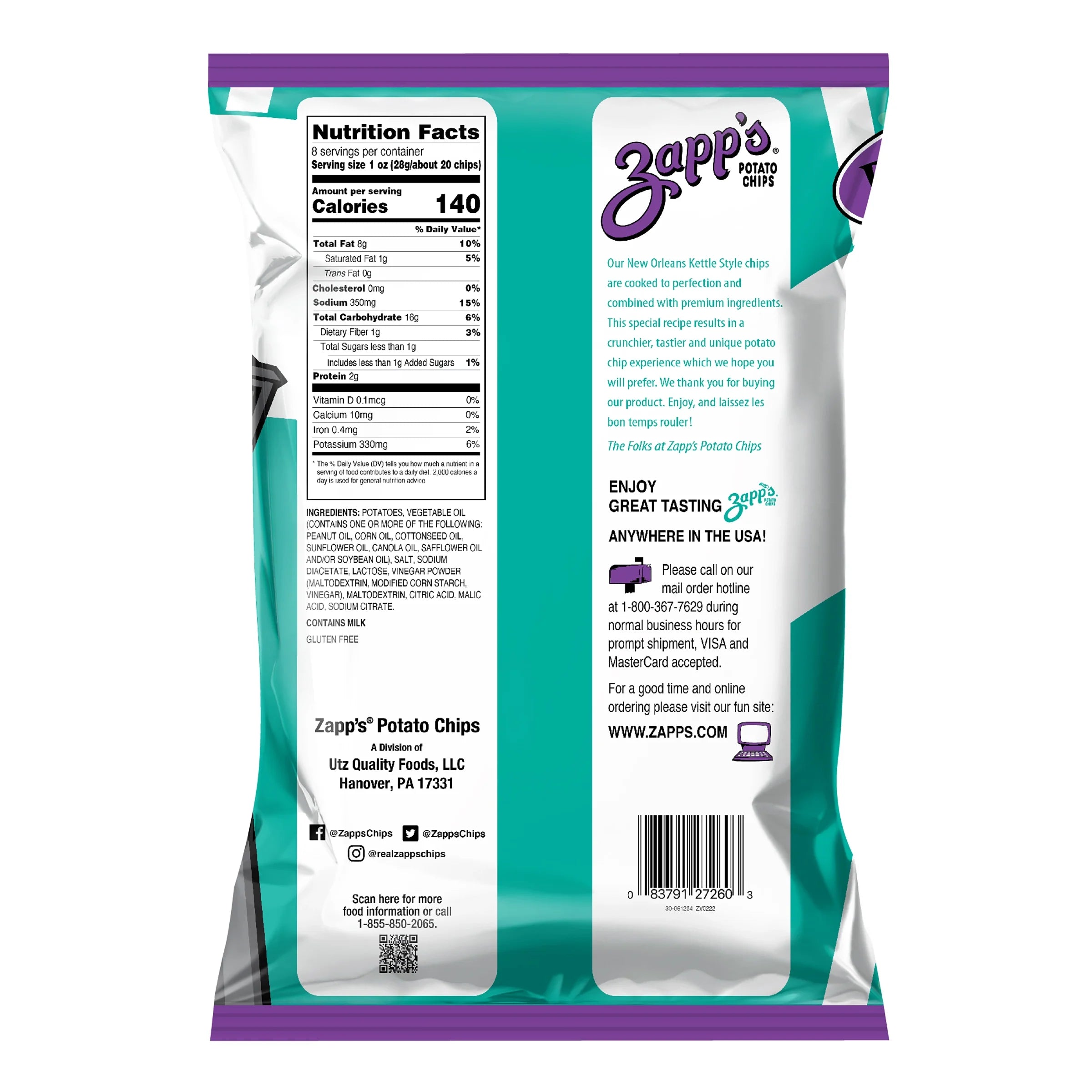 Back view of a Zapp's potato chips packaging with nutritional information and branding.