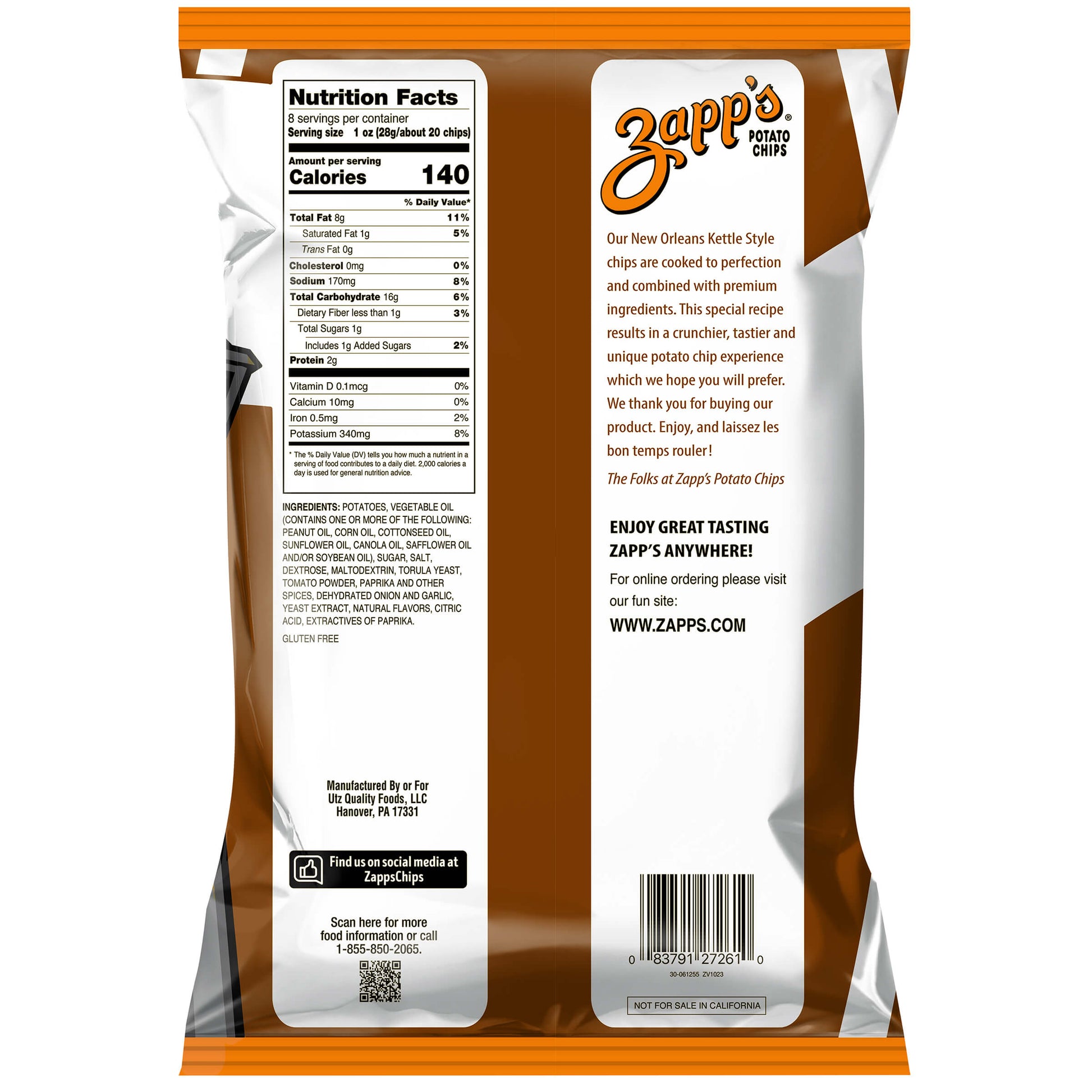 Zapp's potato chips packaging with nutrition facts and ingredients list on a white background