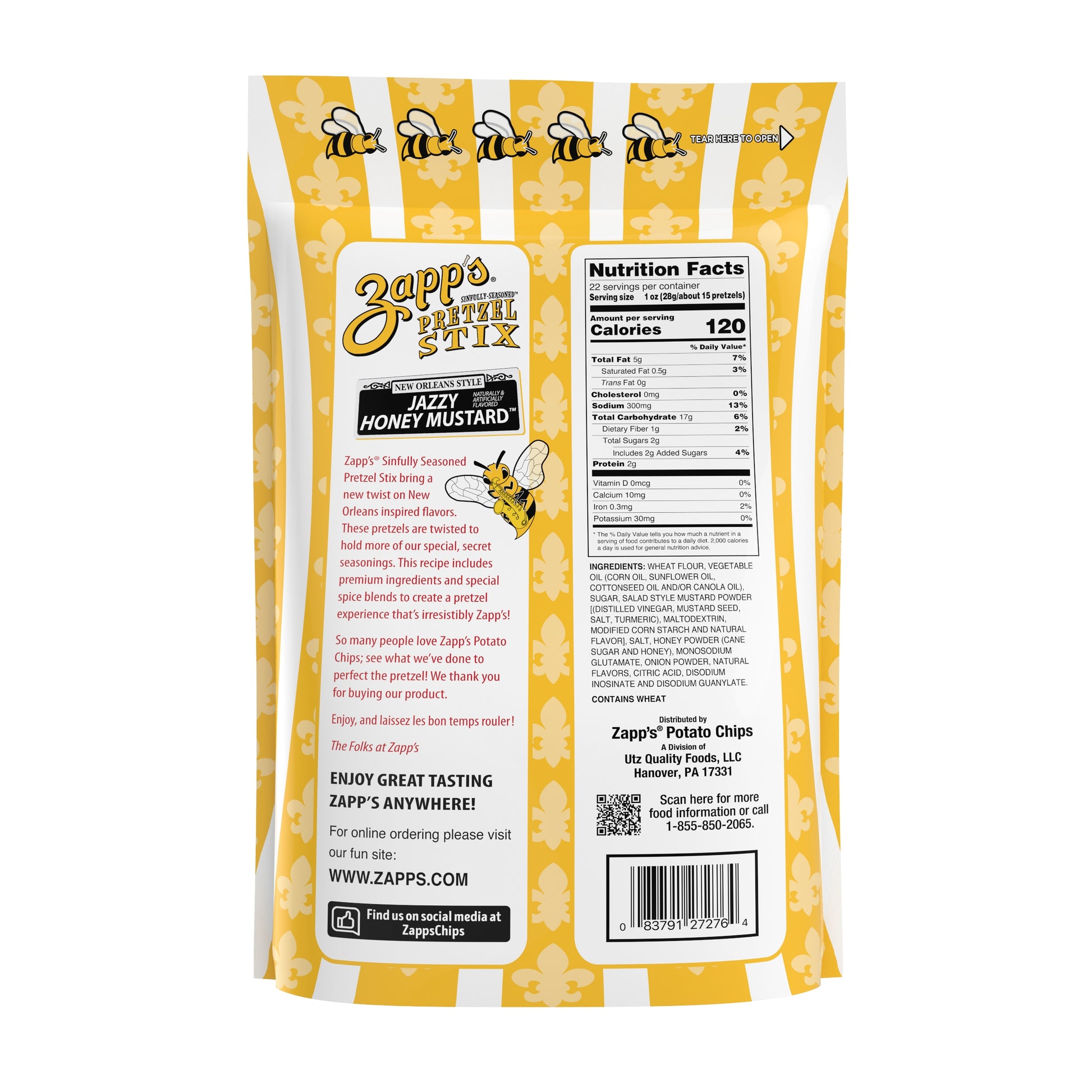 Zapp's Potato Stix packaging with nutritional information and branding details.