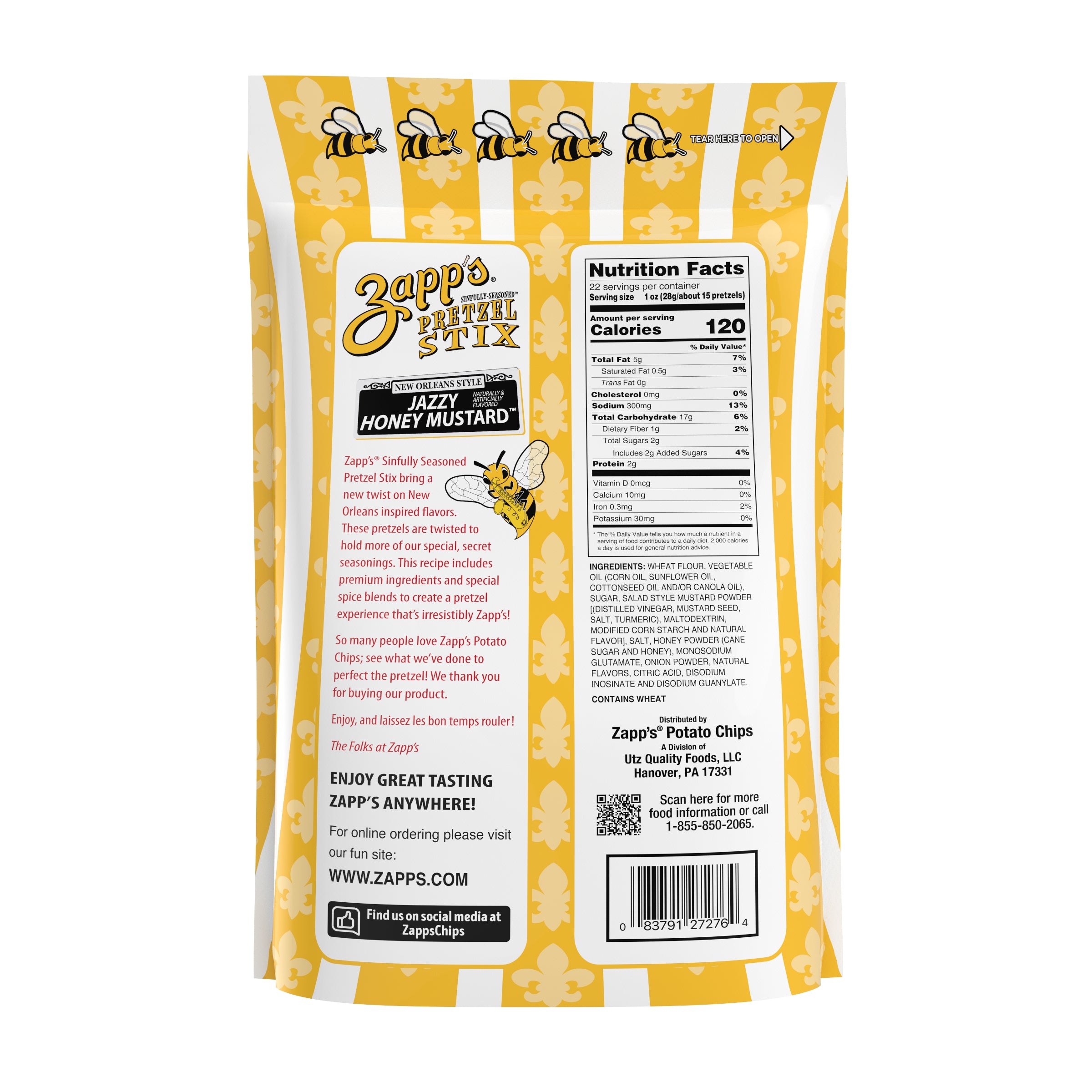 Zapp's Potato Stix packaging with nutritional information and branding details.