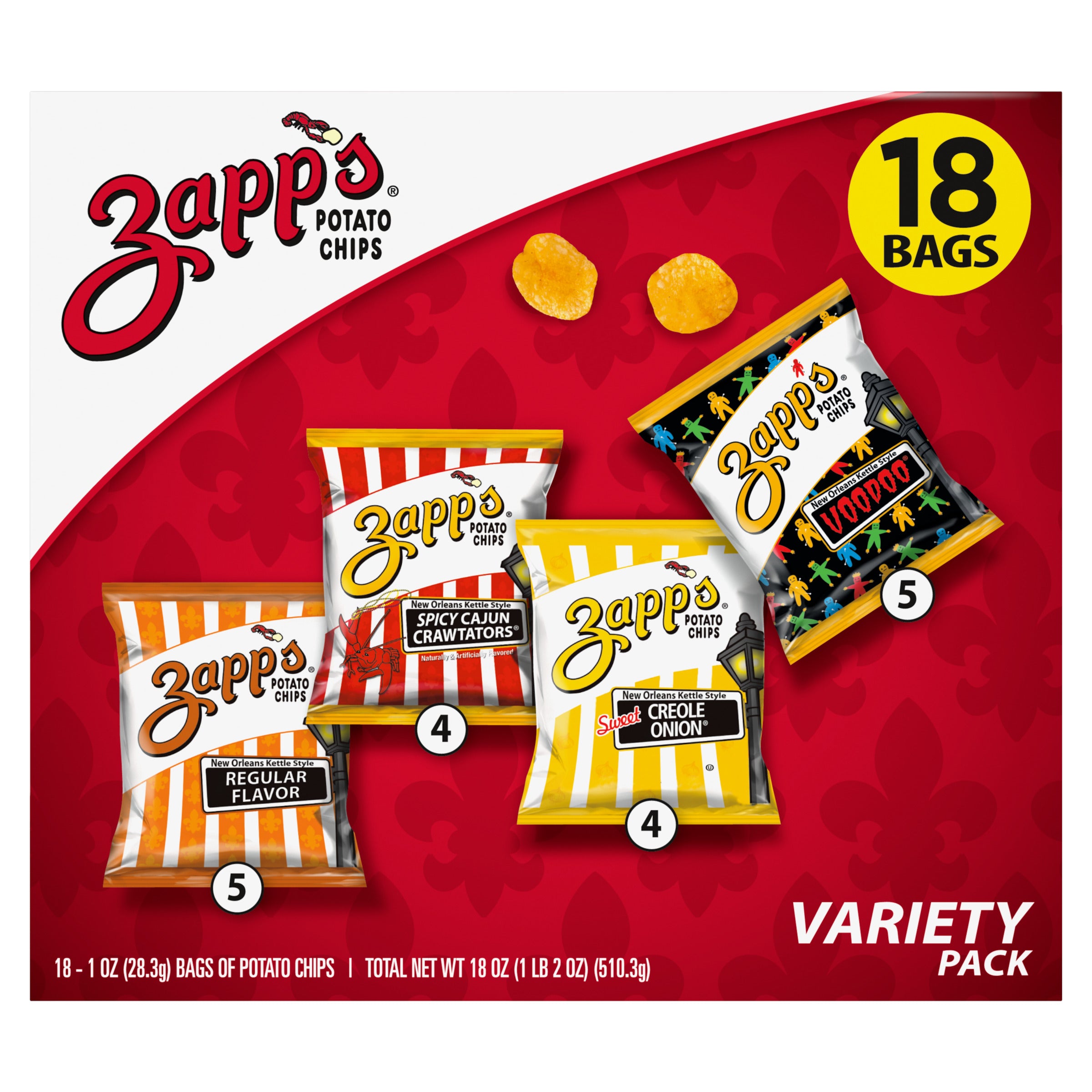 Zapp's potato chips variety pack with different flavors on a red background