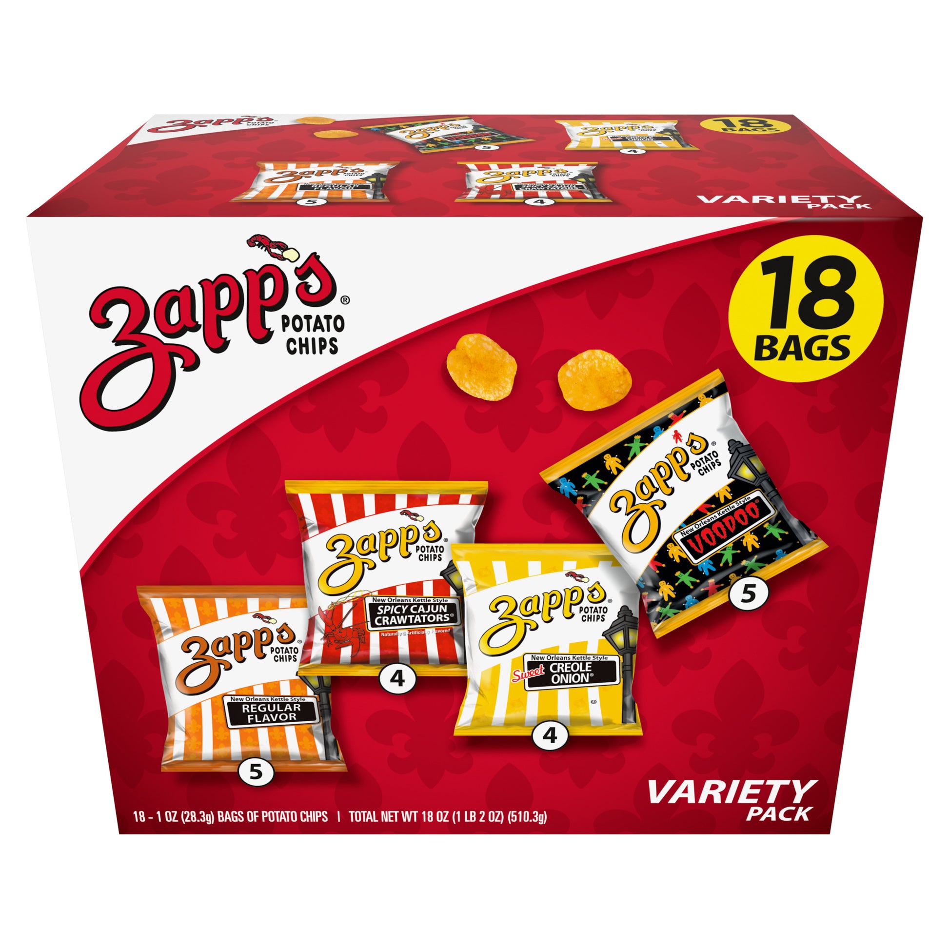 Zappos potato chips variety pack box with multiple packaging designs on a red background