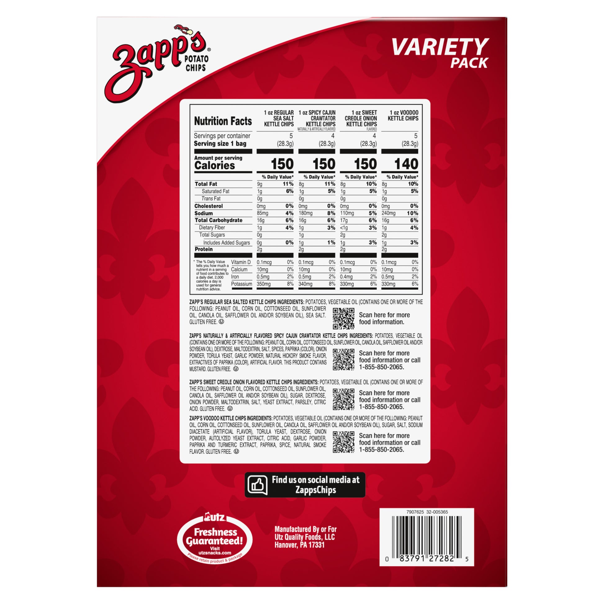 Back of a Zapp's potato chips variety pack with nutrition label and branding.