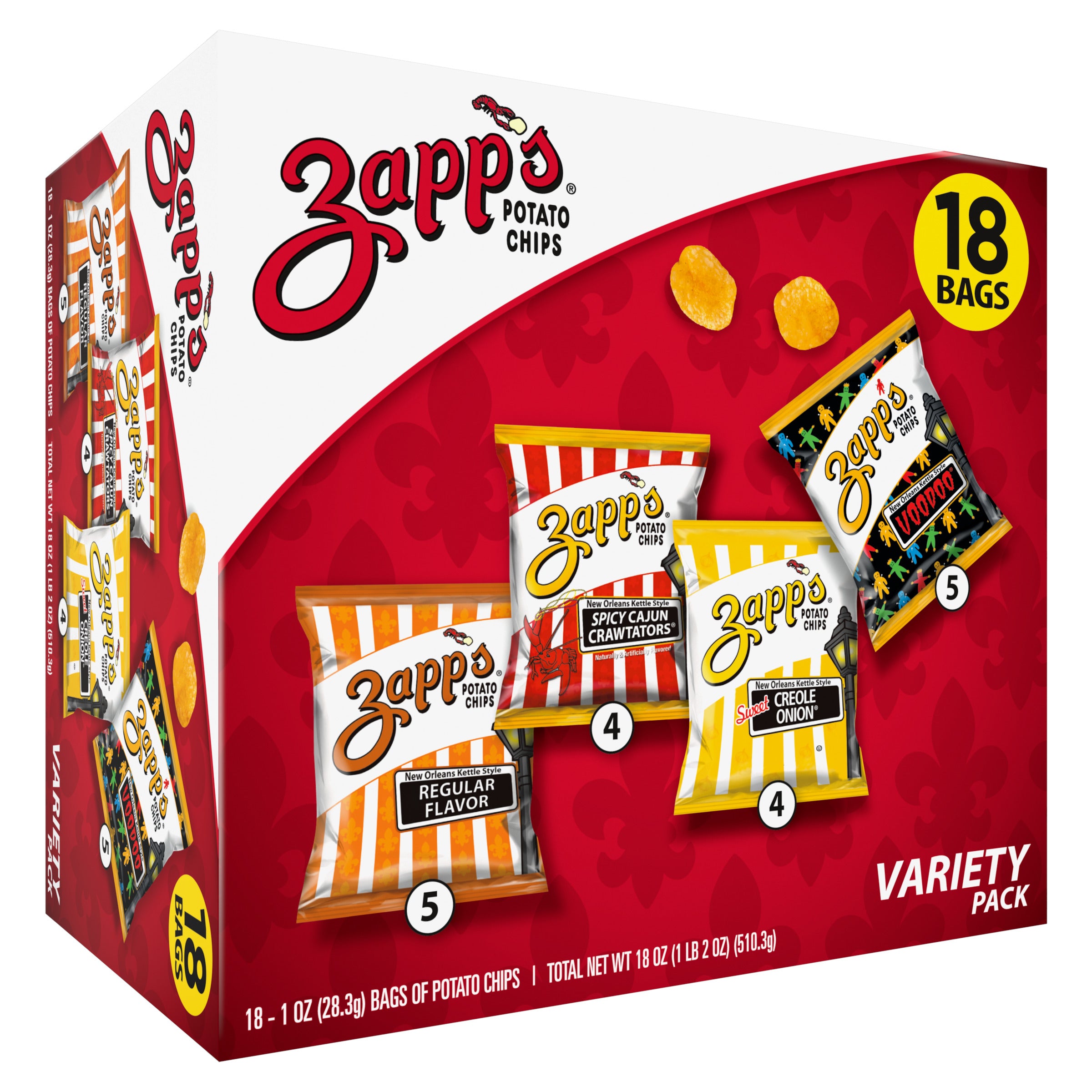 Zappos potato chips variety pack box with multiple flavor options on a white background