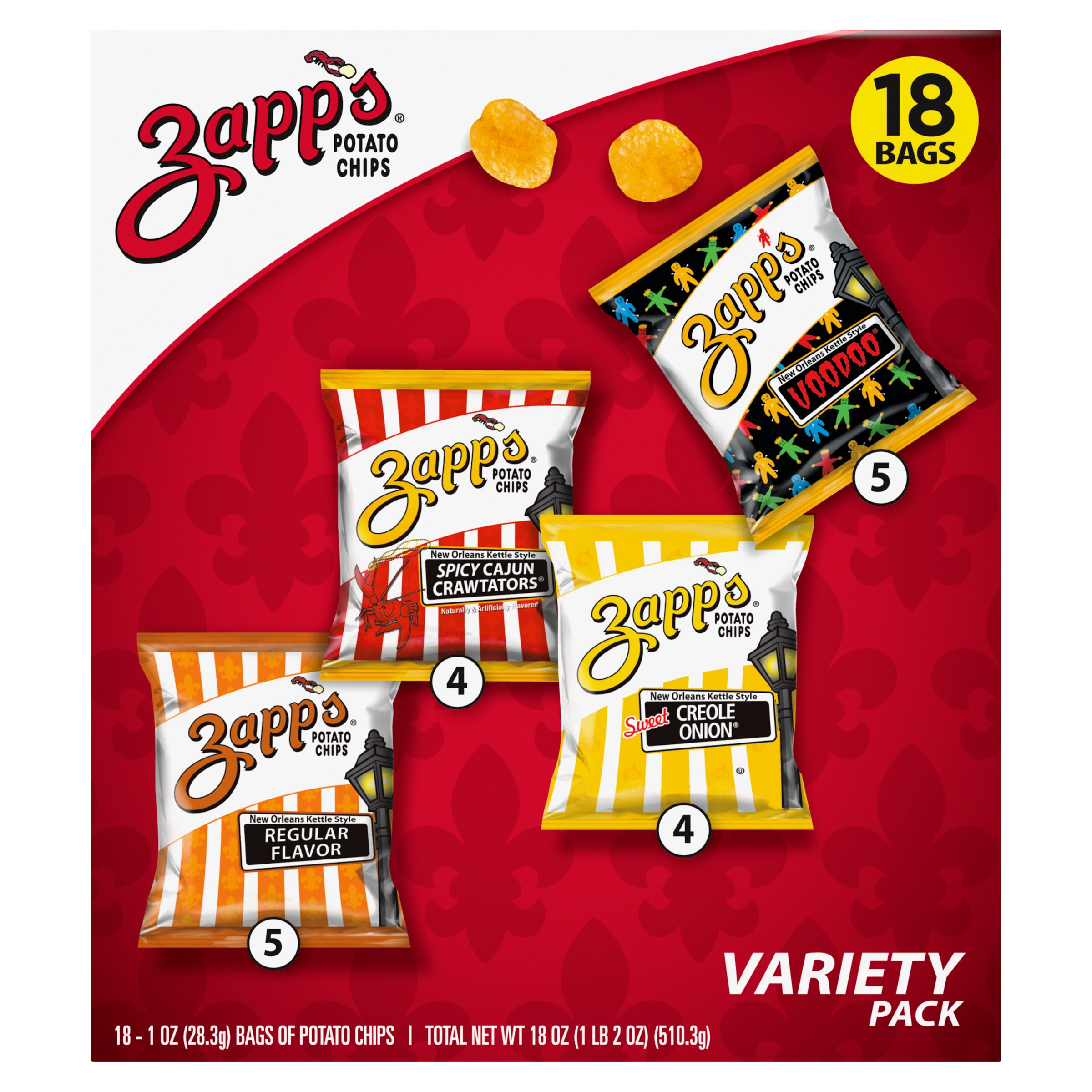 Zapp's potato chips variety pack on a red background