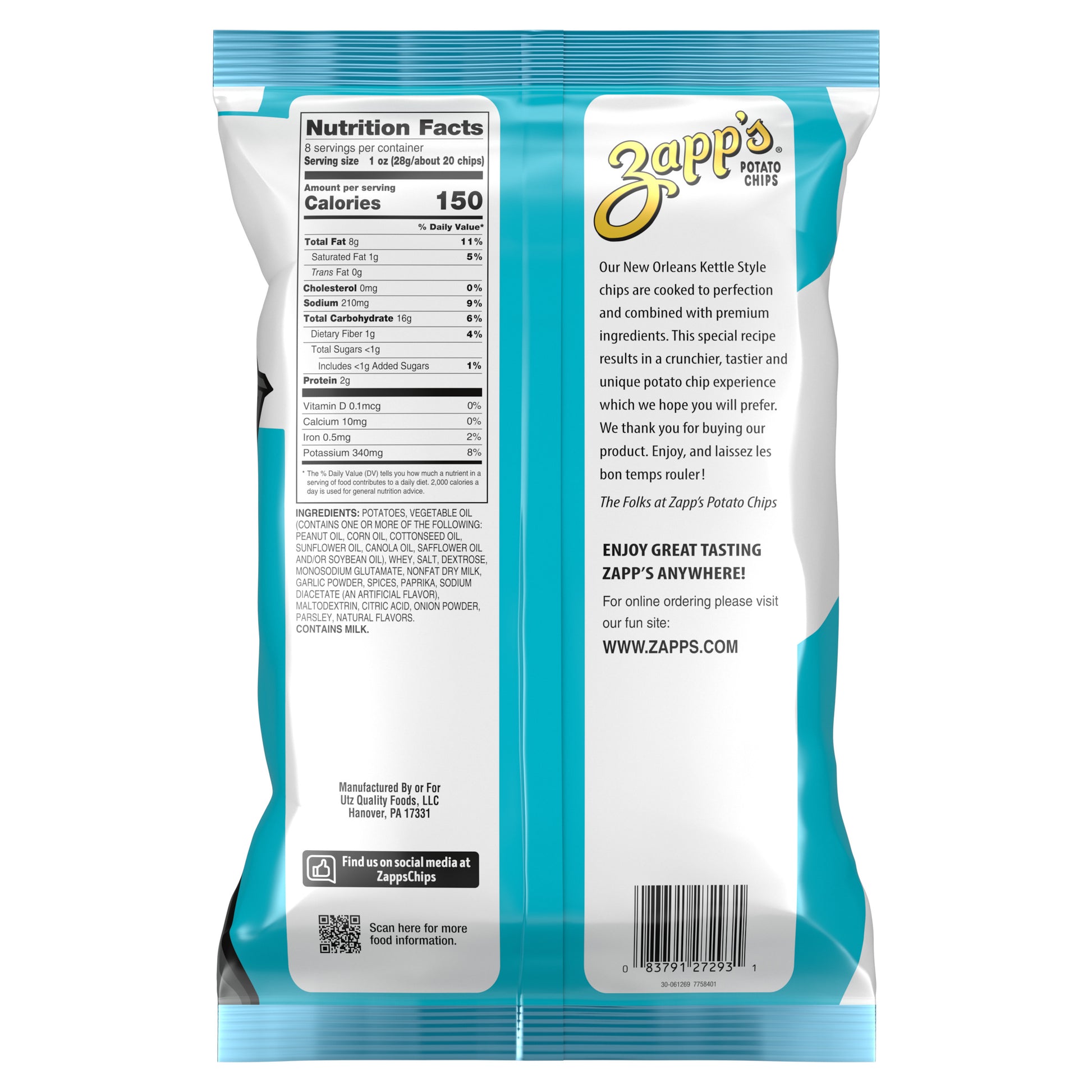 Back of Zapp’s Bayou Blackened Ranch Kettle Chips bag.