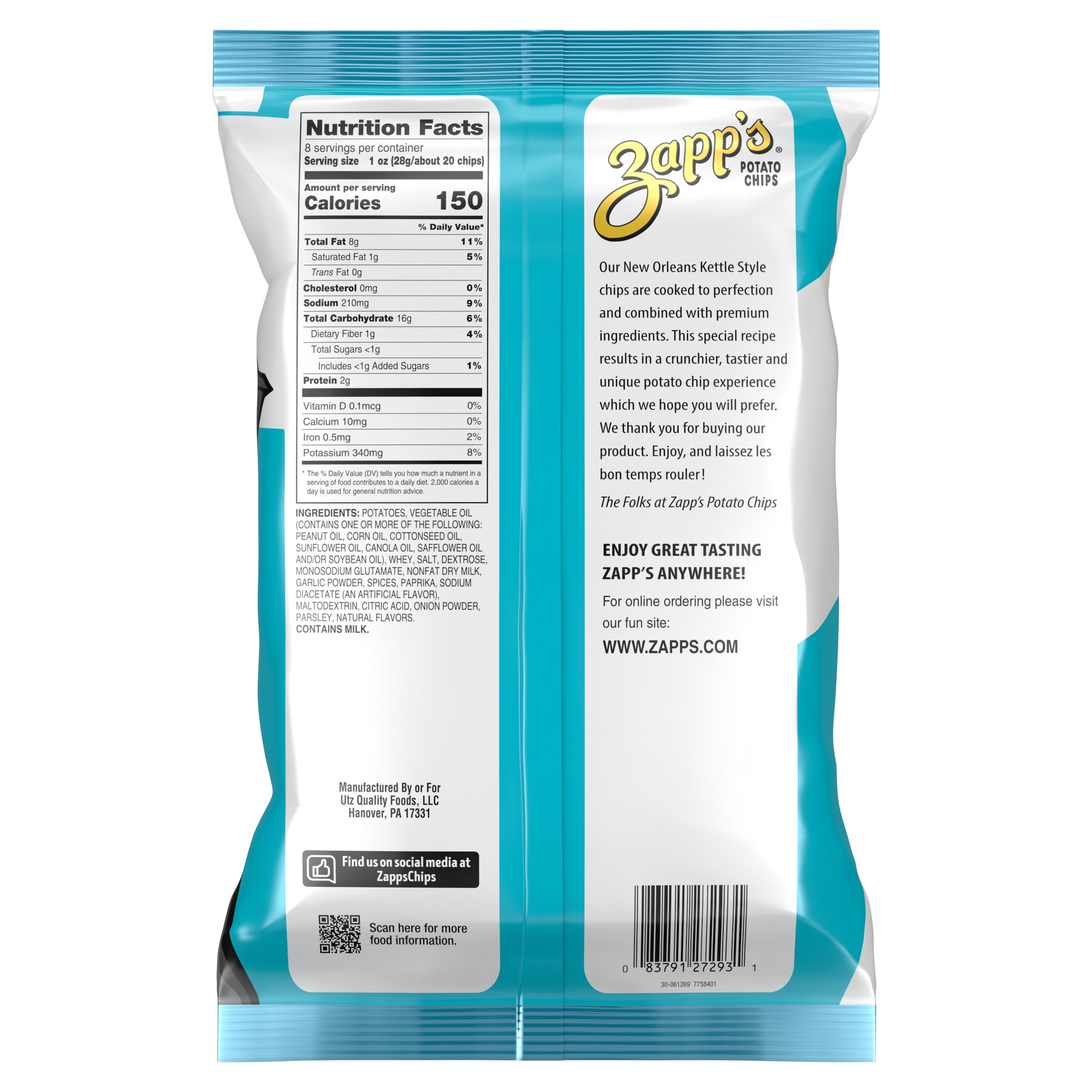 Back of Zapp’s Bayou Blackened Ranch Kettle Chips bag.