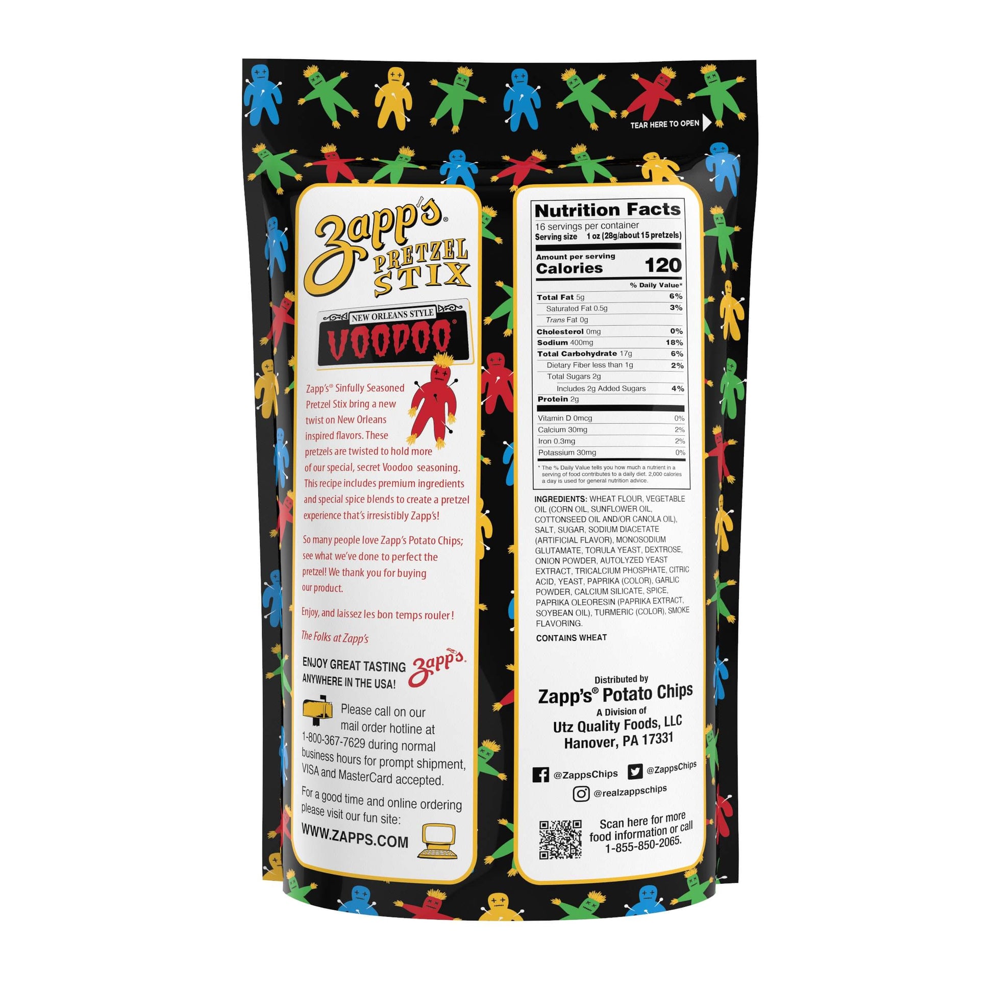 Zapp's Potato Chips Voodoo flavor packaging with colorful stick figure design on a black background