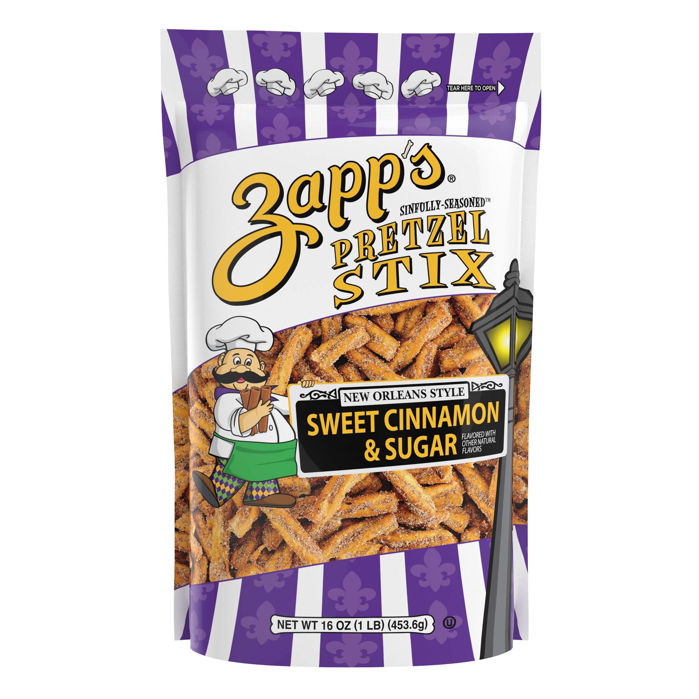 Bag of Zapp's Sweet Cinnamon & Sugar Pretzel Stix with purple and white striped design.