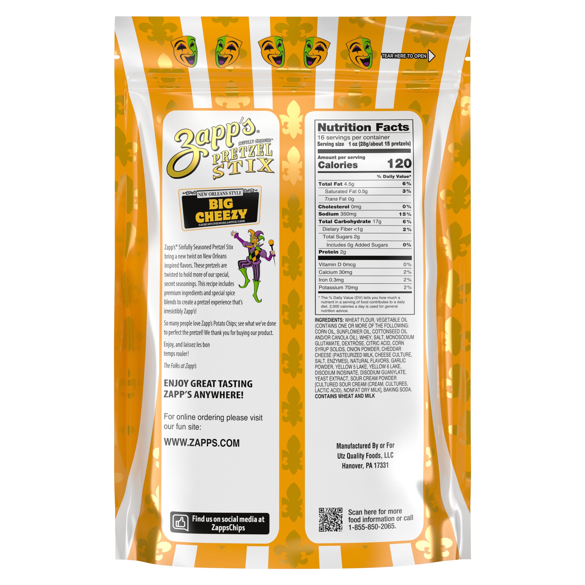 Zapp's Potato Stix packaging with nutritional information and branding details.