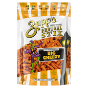 Zapp's Pretzel Stix Big Cheezy snack package with cartoon character and streetlight illustration.