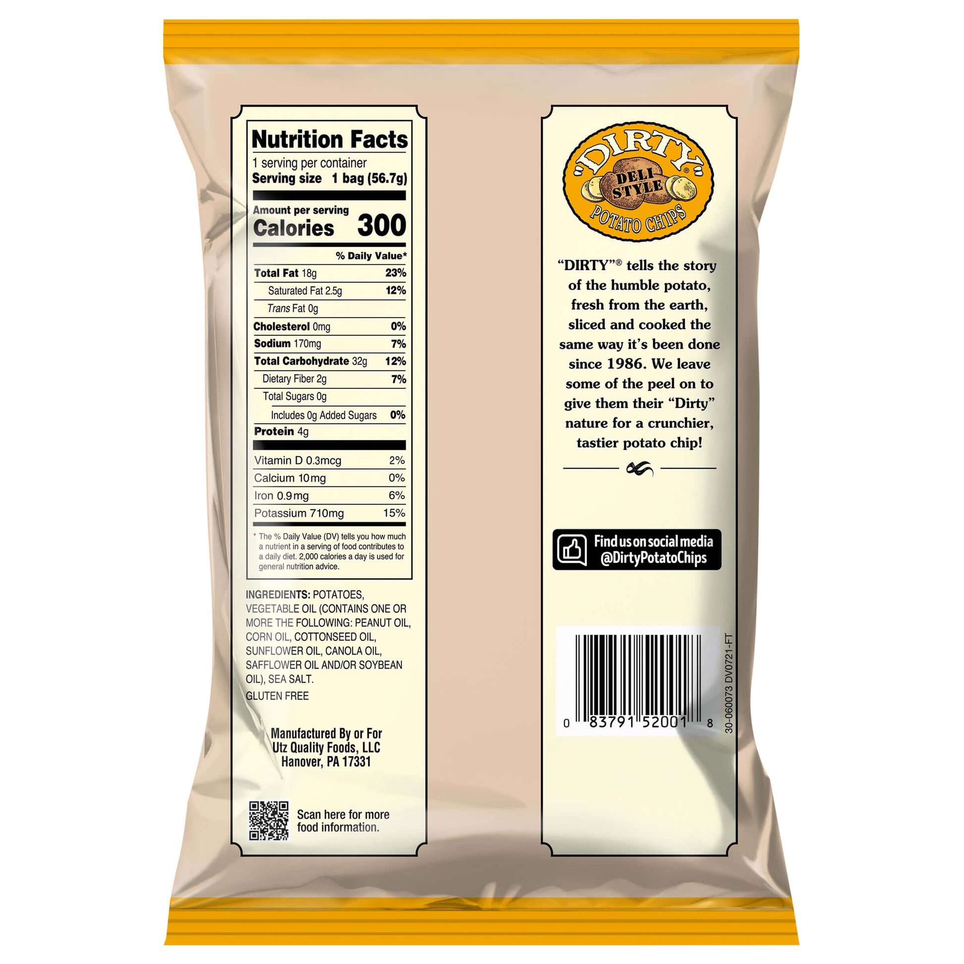 Back of a potato chip bag with nutrition facts and brand information.