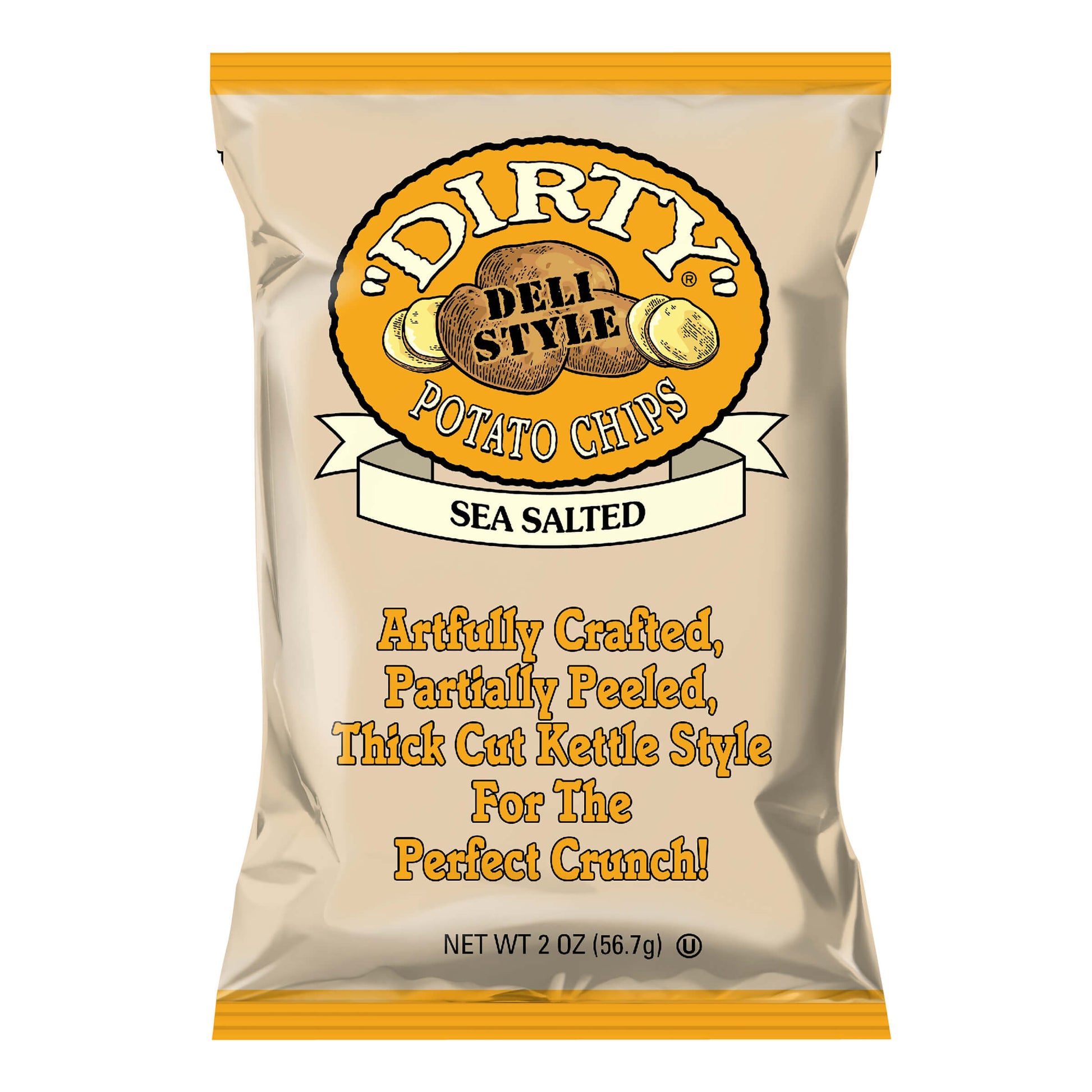 Bag of Dirty Deli Style Sea Salted Potato Chips on a white background