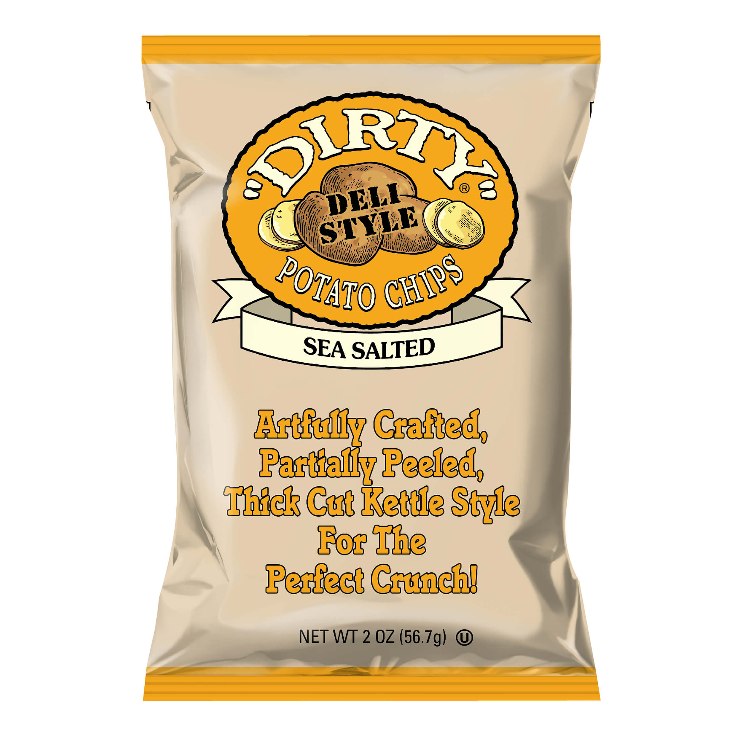 Bag of Dirty Deli Style Sea Salted Potato Chips on a white background