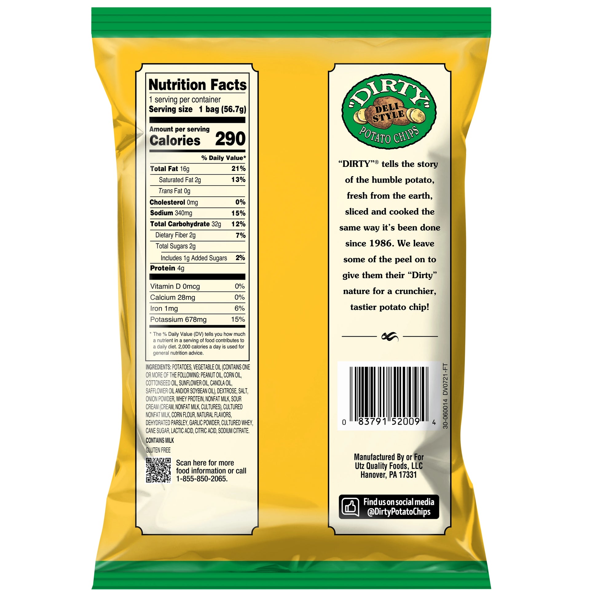 Back of a yellow potato chip bag with nutrition facts and brand information.
