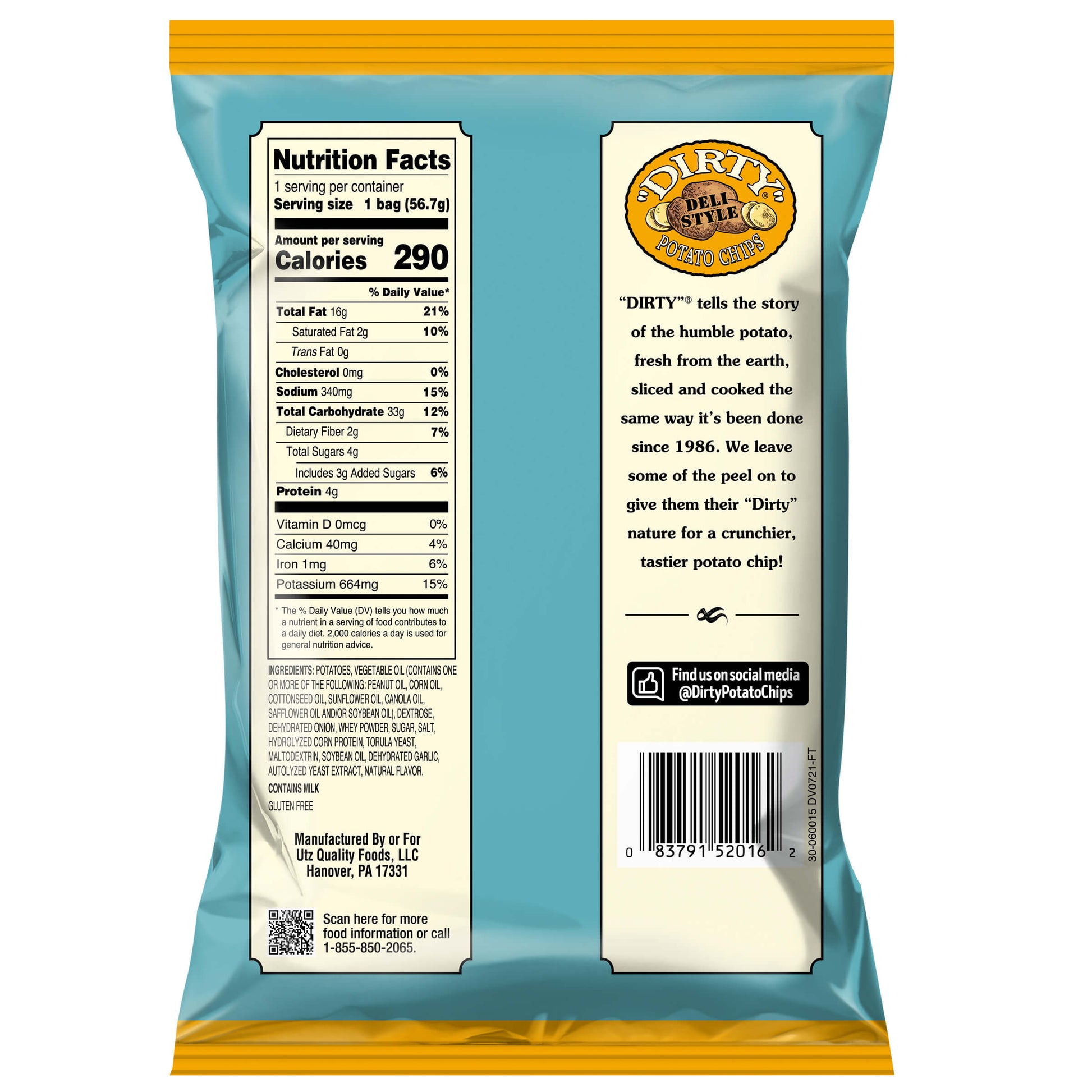 Back of a potato chip bag with nutritional information and brand details.