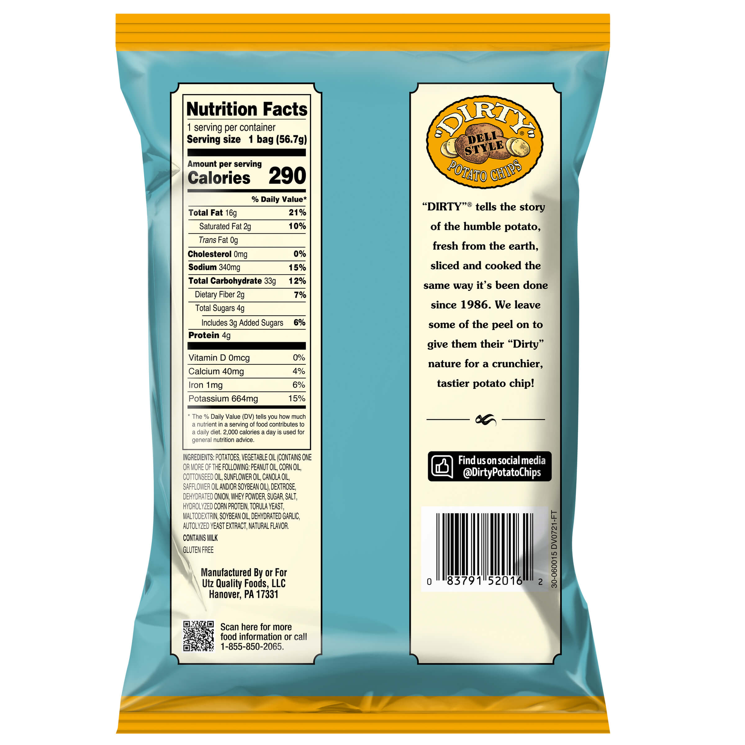 Back of a potato chip bag with nutritional information and brand details.